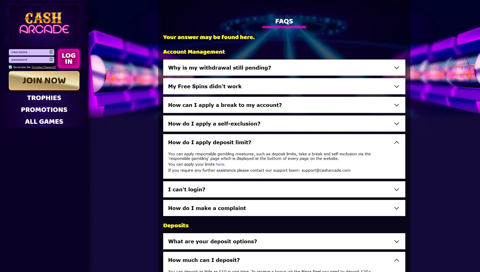 Cash Arcade Casino Support