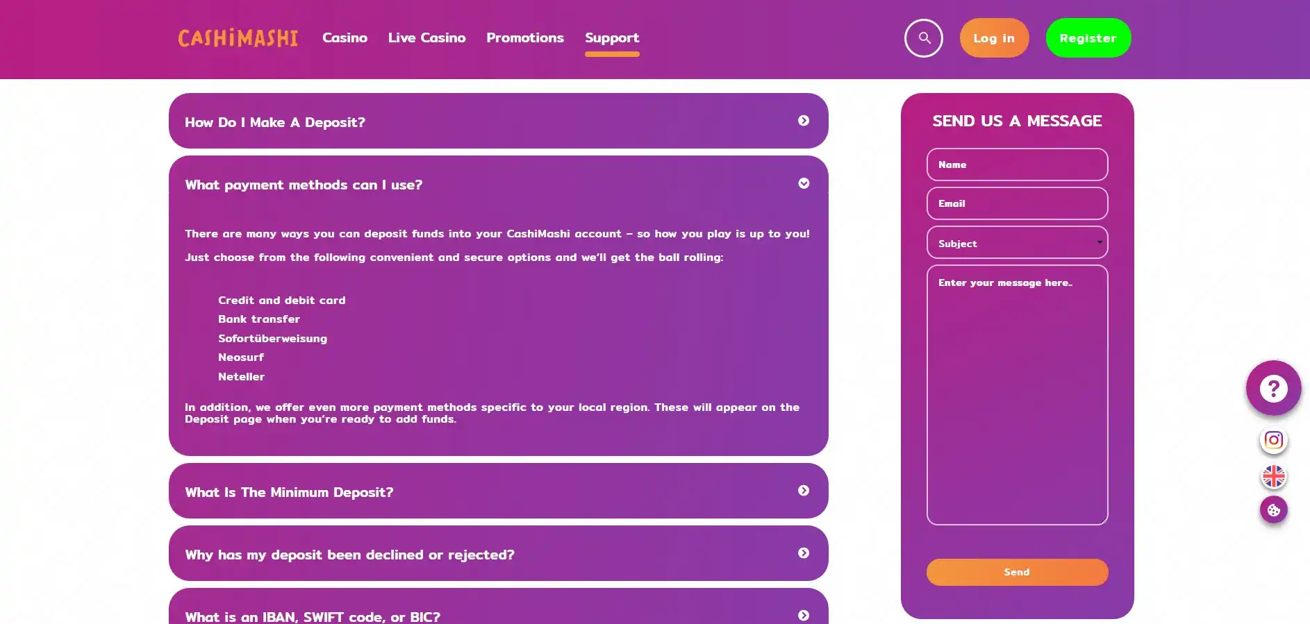 CashiMashi Casino Payment Methods