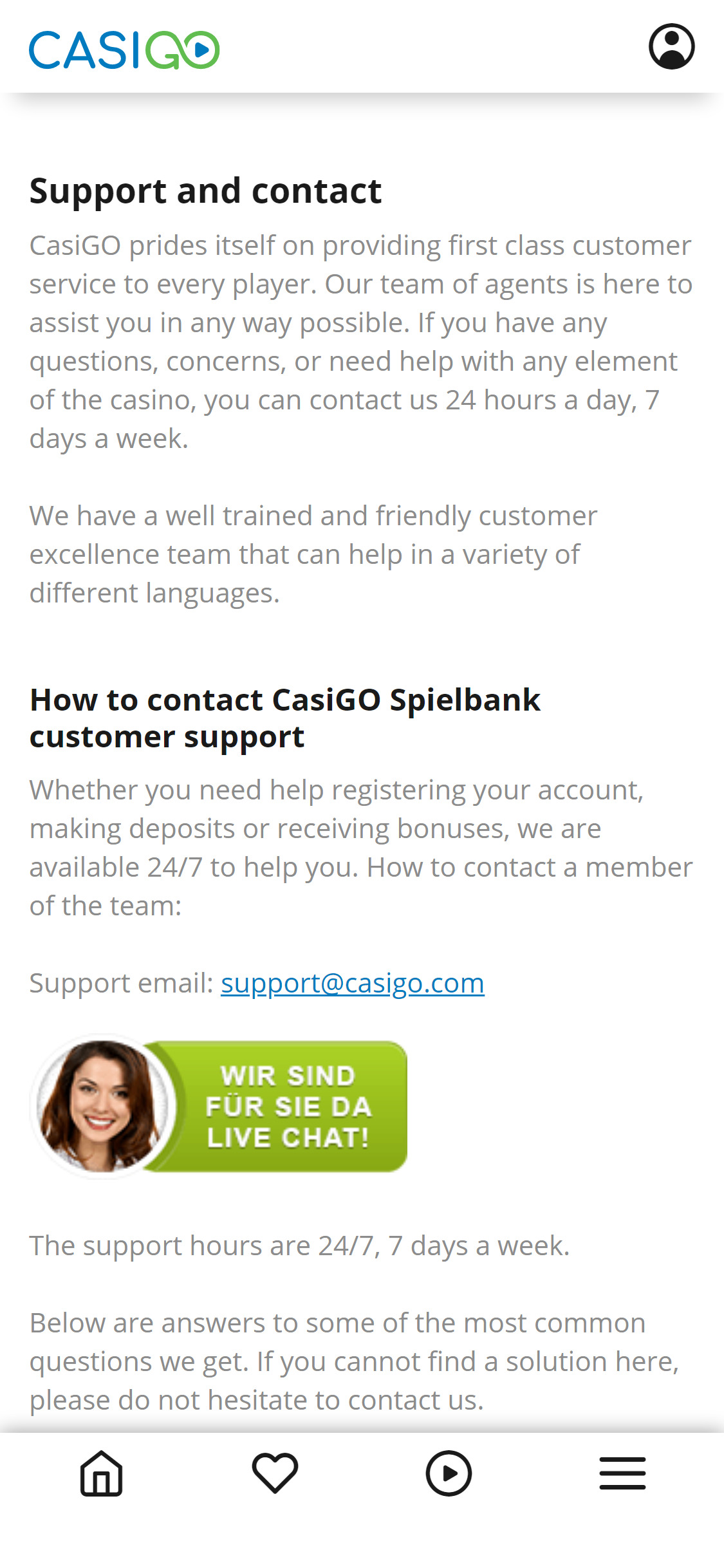 CasiGO Casino Mobile Support Review