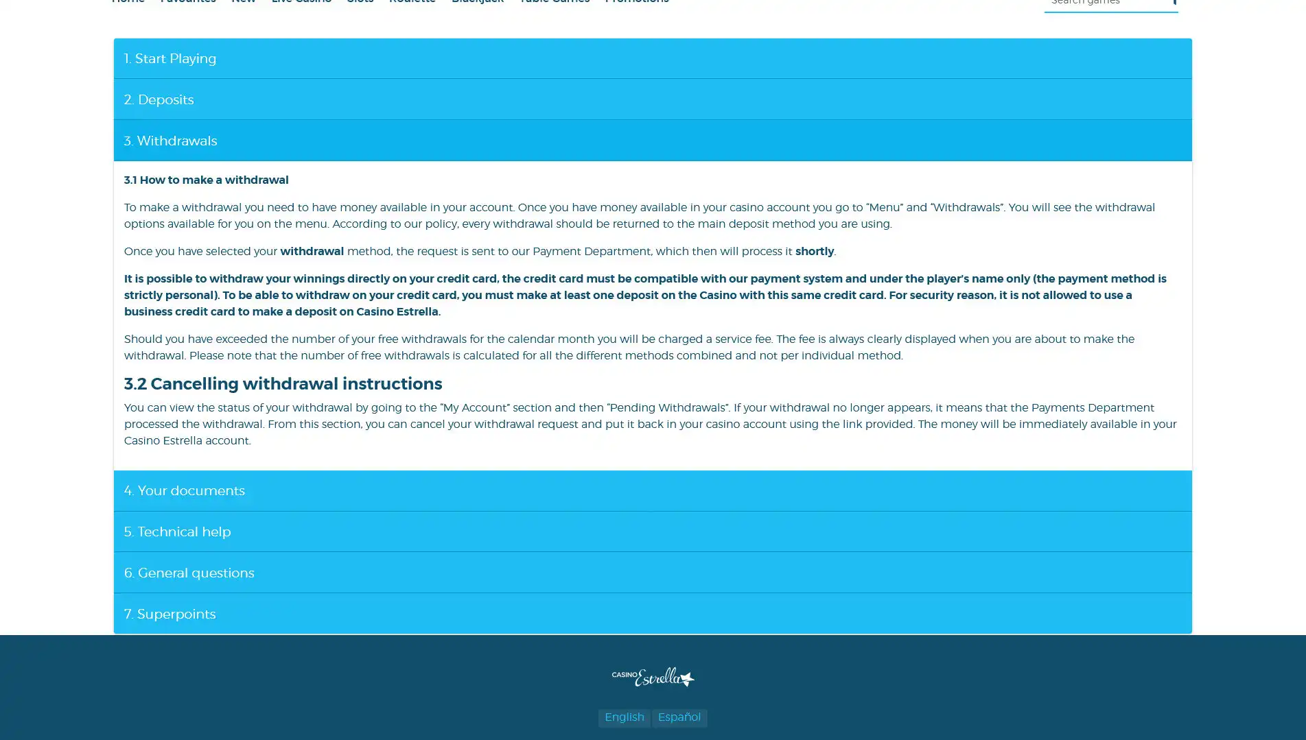 Casino Estrella Payment Methods