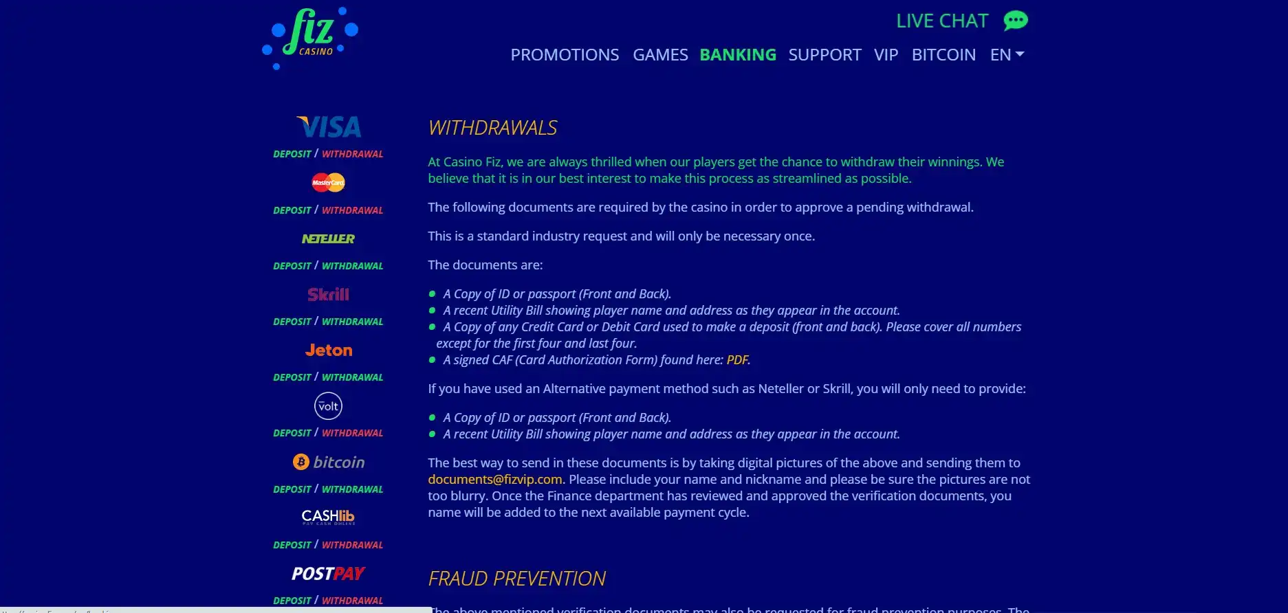 Casino Fiz Payment Methods
