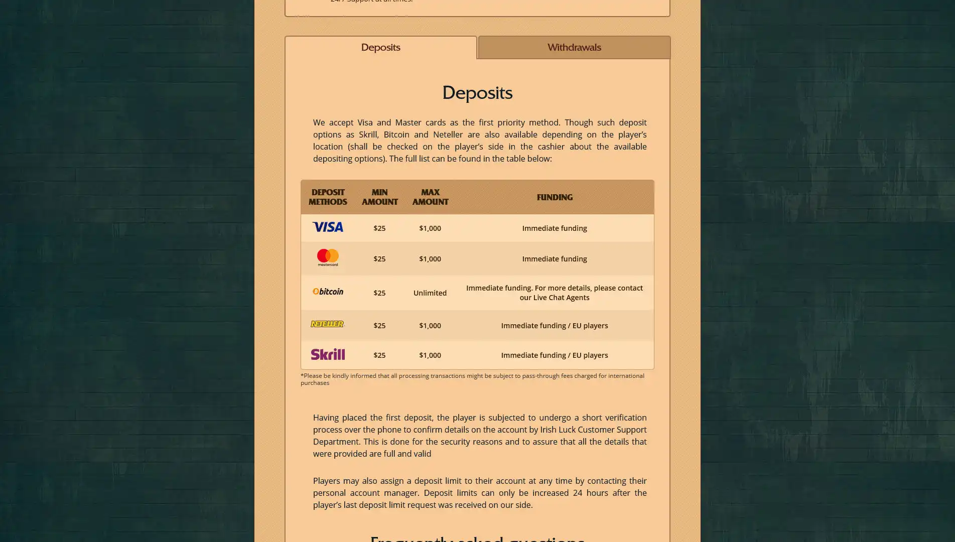IrishLuck Casino Payment Methods