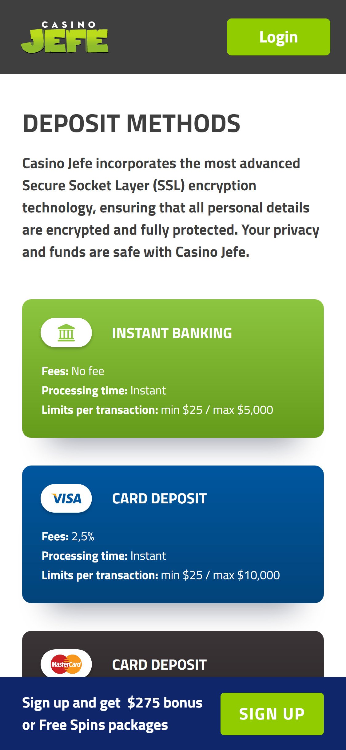 CasinoJefe Mobile Payment Methods Review