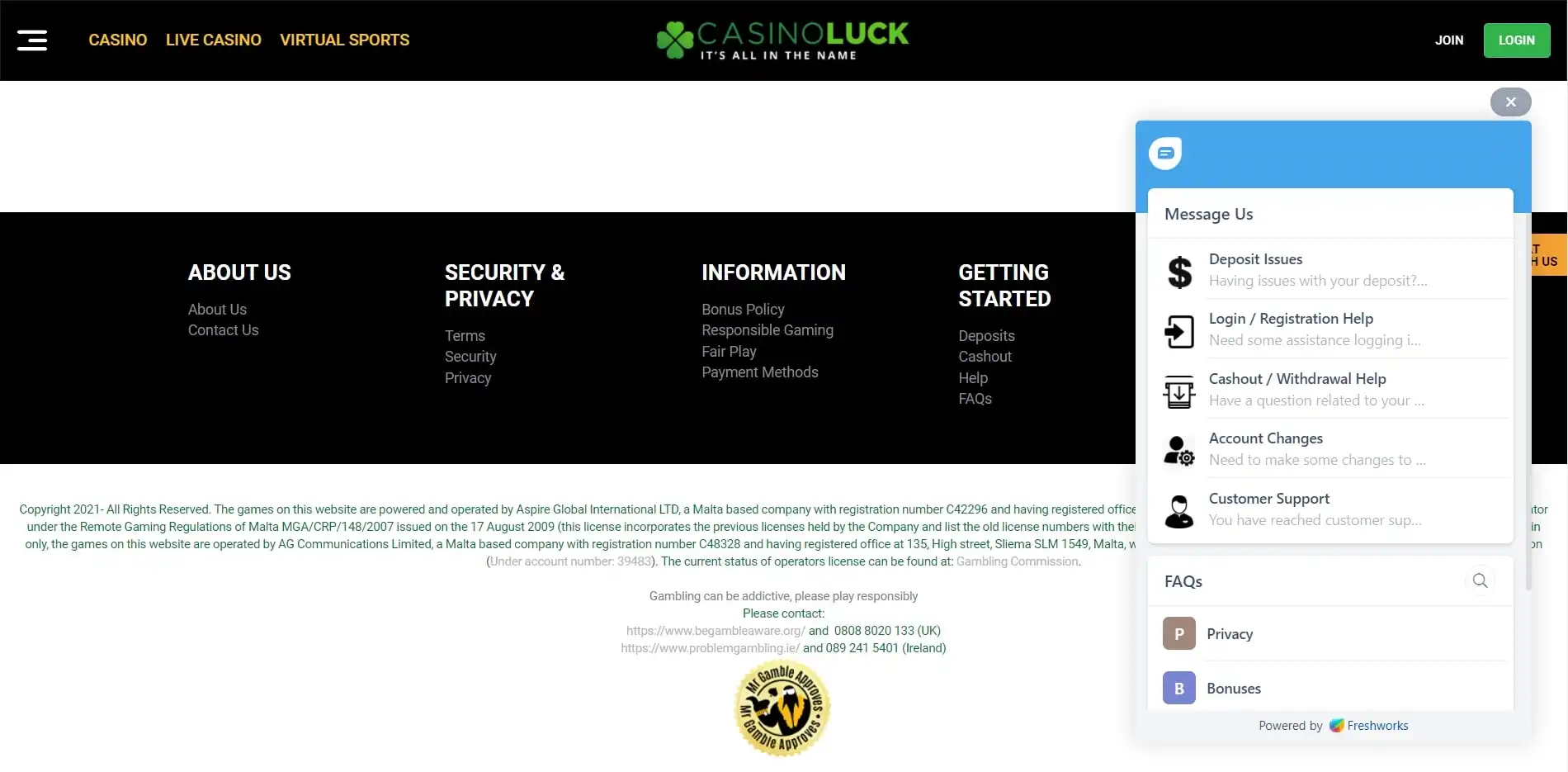 CasinoLuck Support