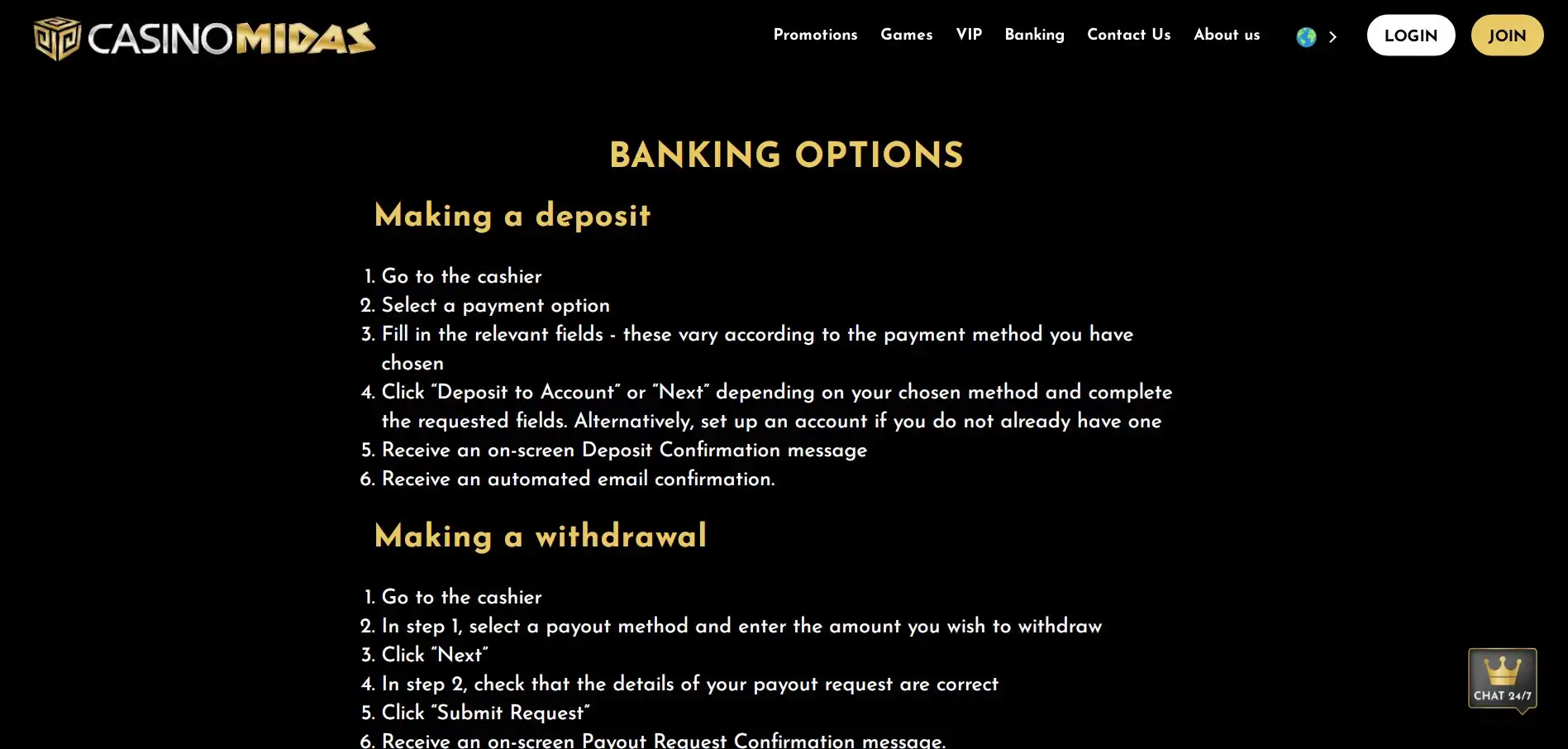Casino Midas Payment Methods