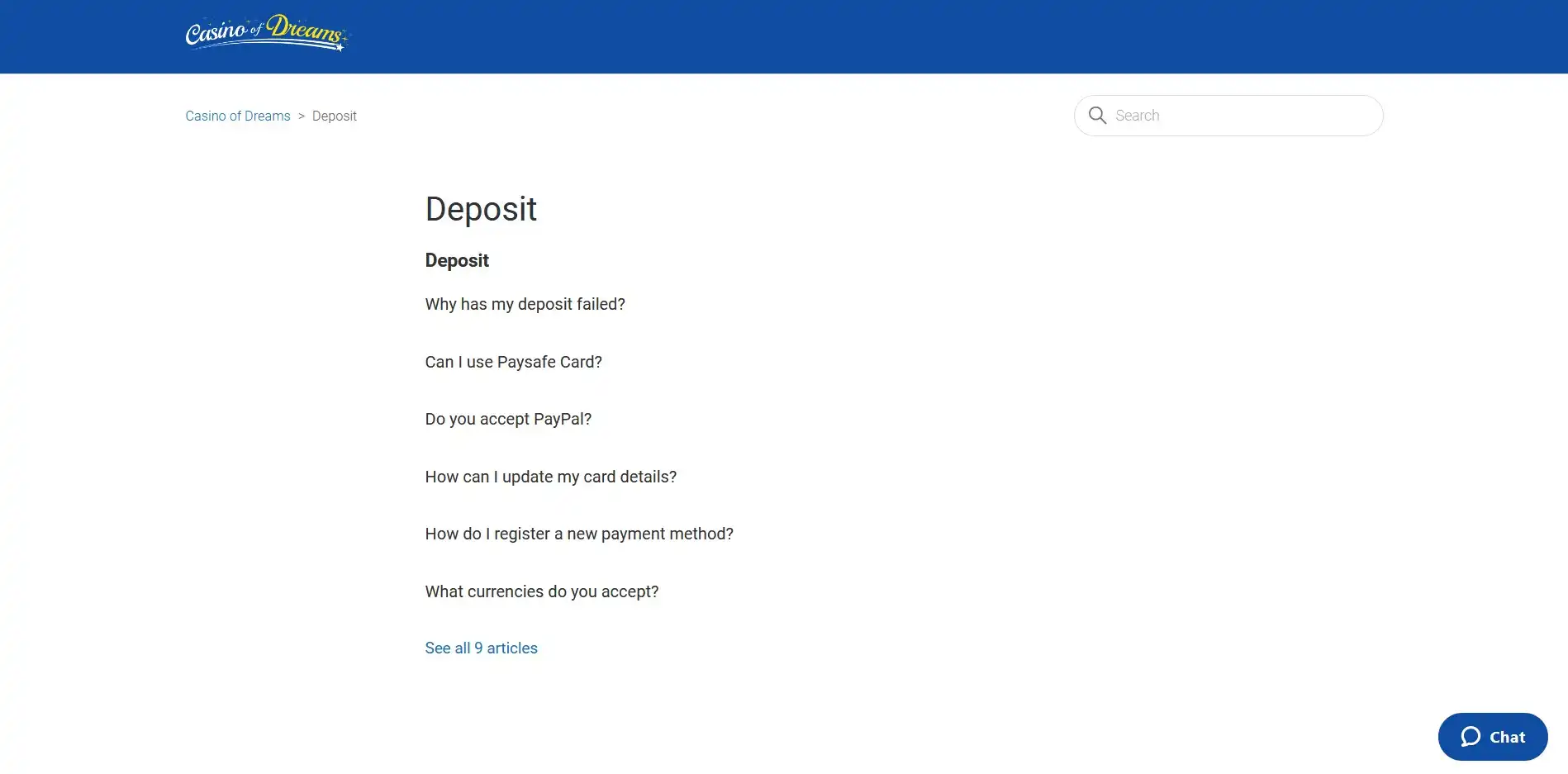 Casino of Dreams Payment Methods