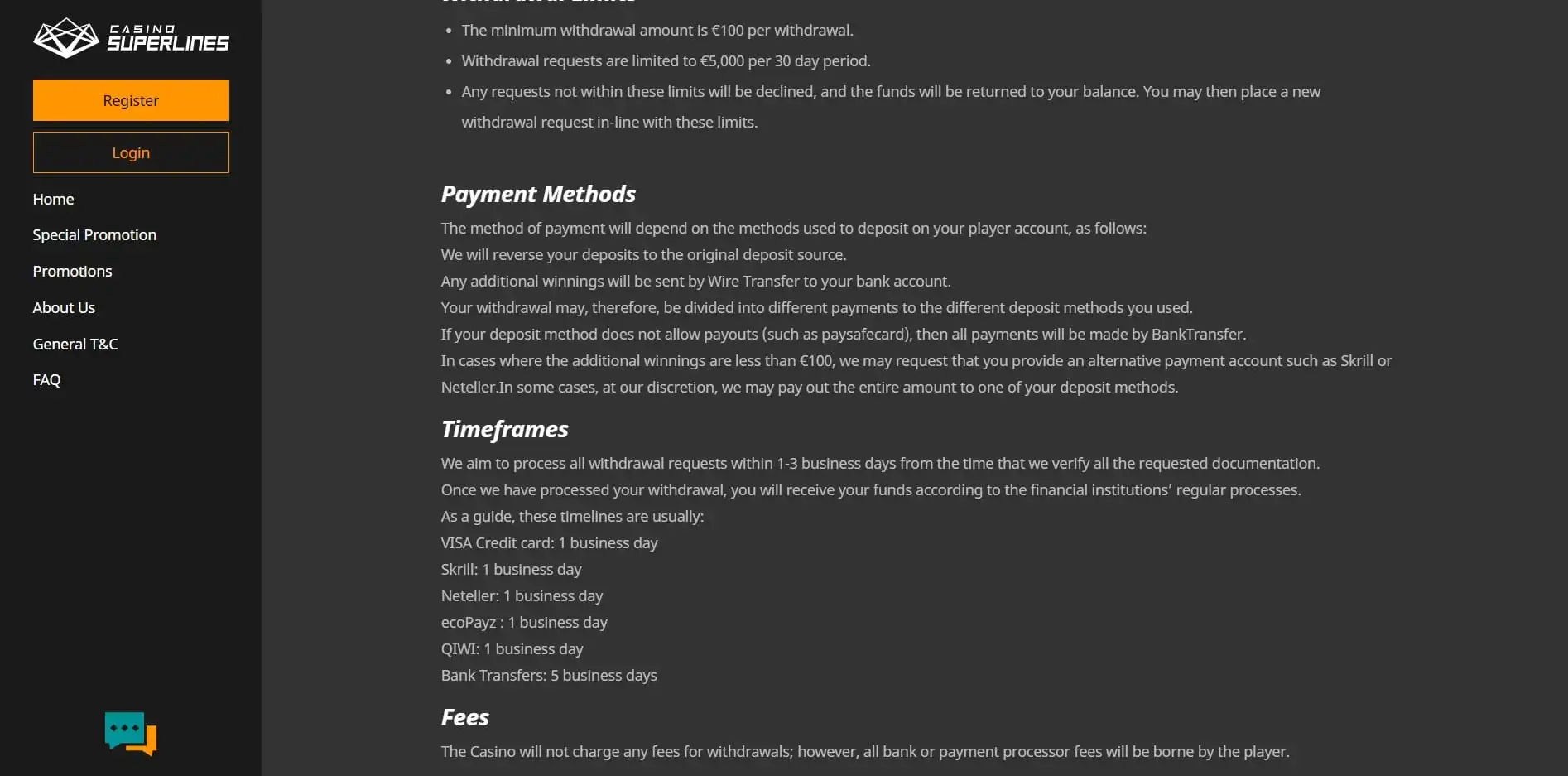 Casino Superlines Payment Methods