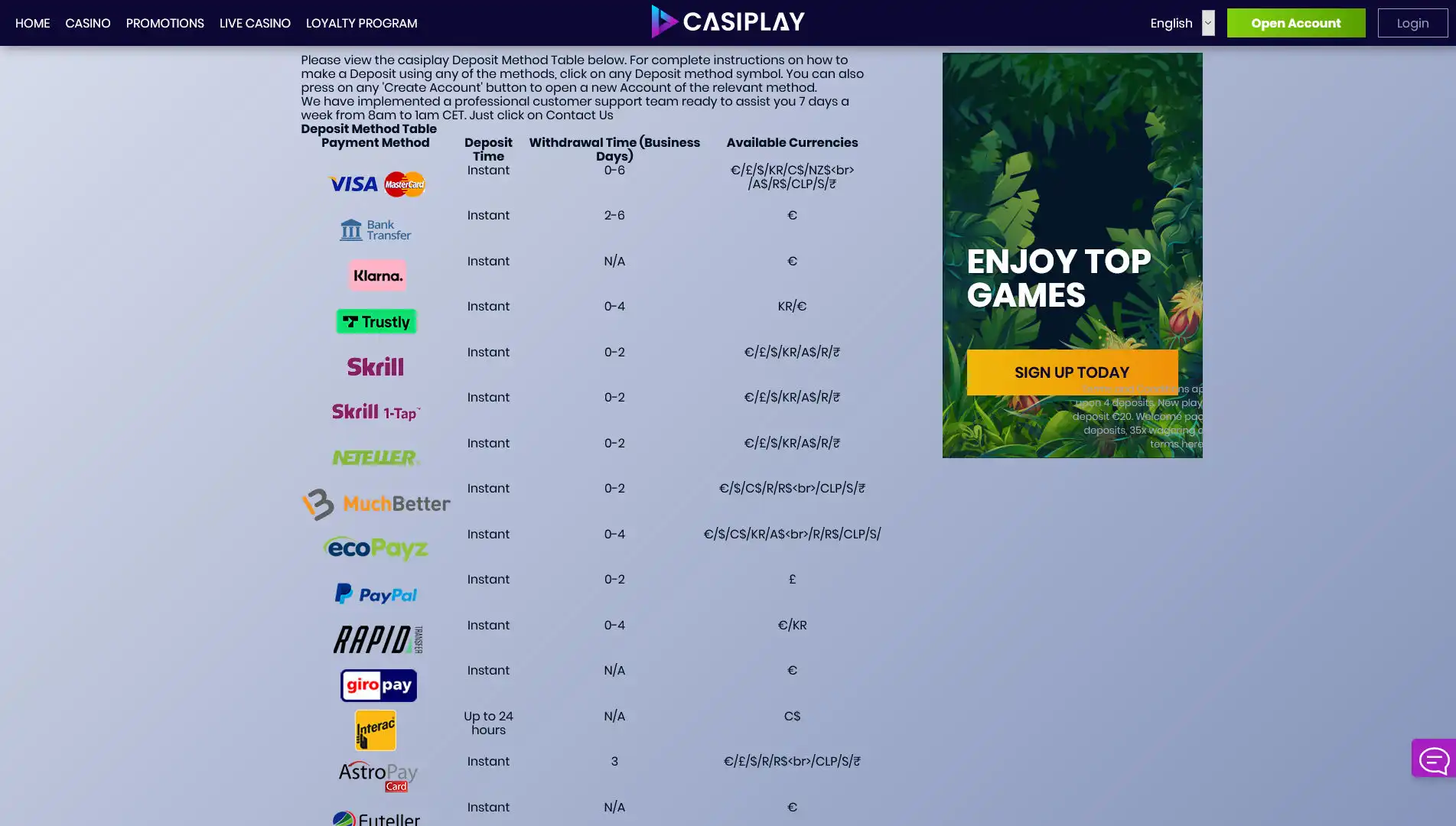 Casiplay Casino Payment Methods