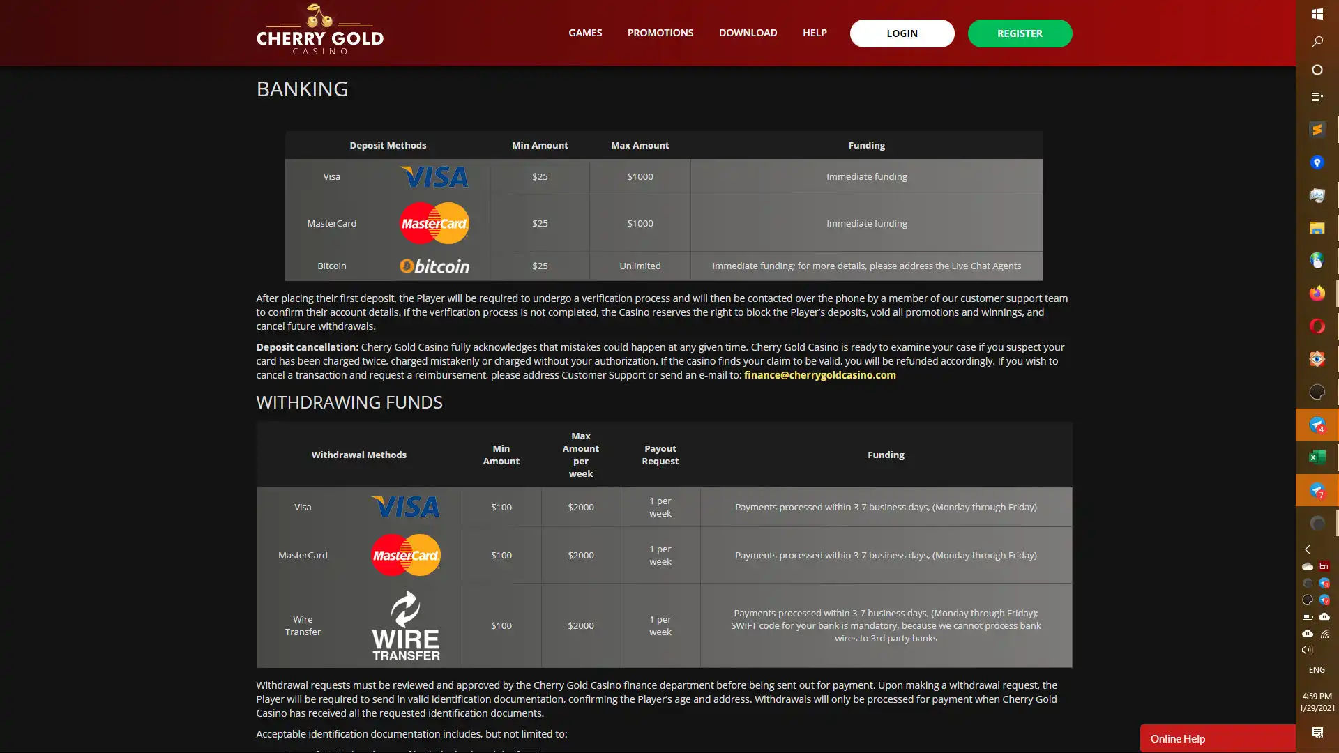 Cherry Gold Casino Payment Methods