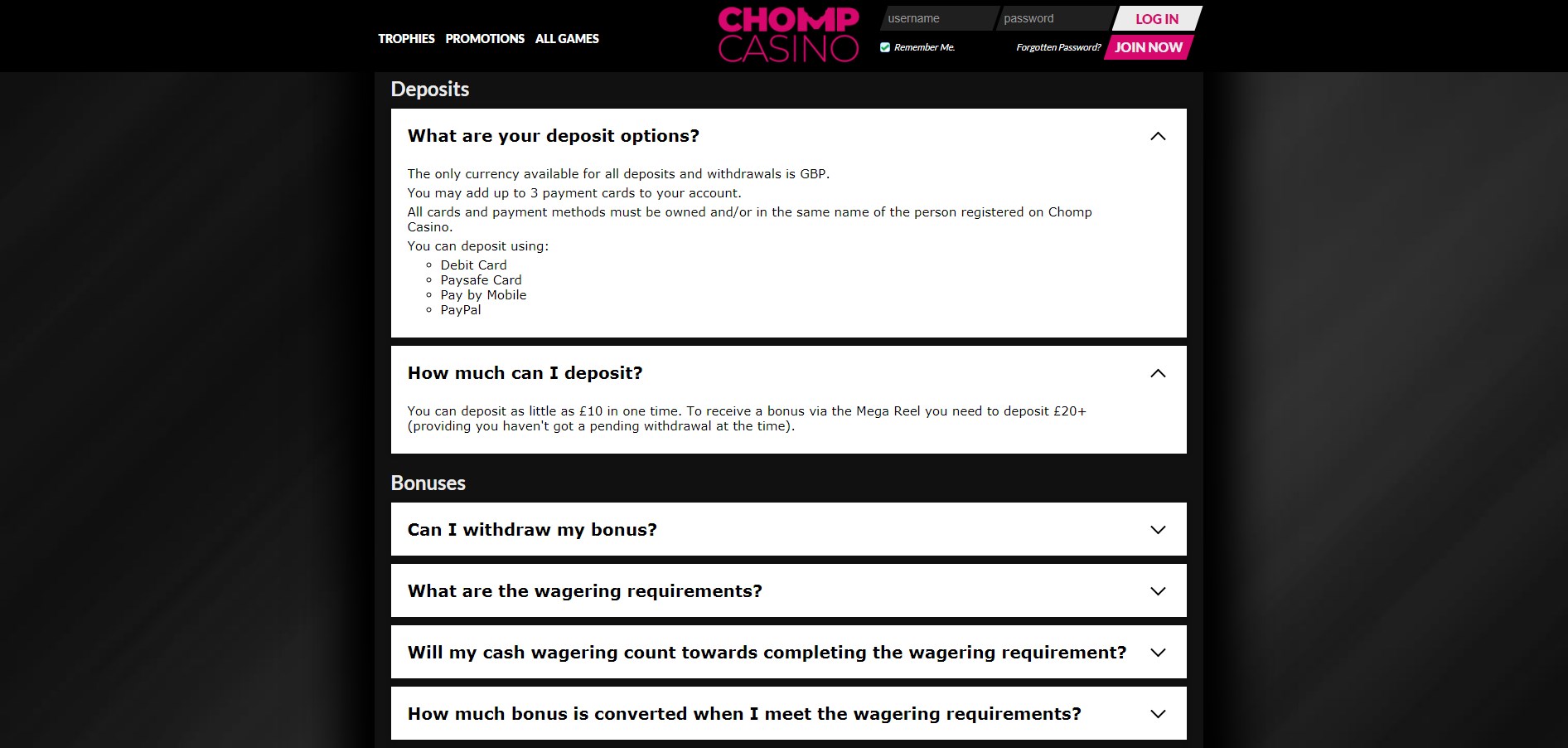 Chomp Casino Payment Methods