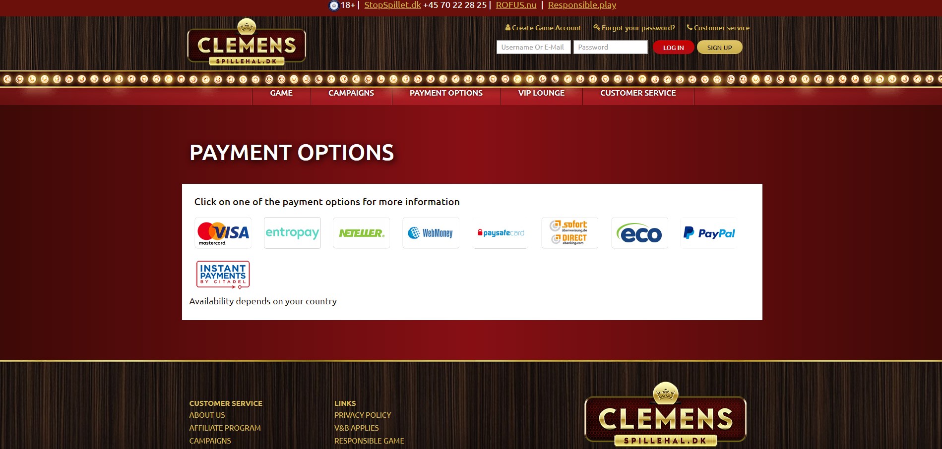 Clemens Spillehal DK Casino Payment Methods