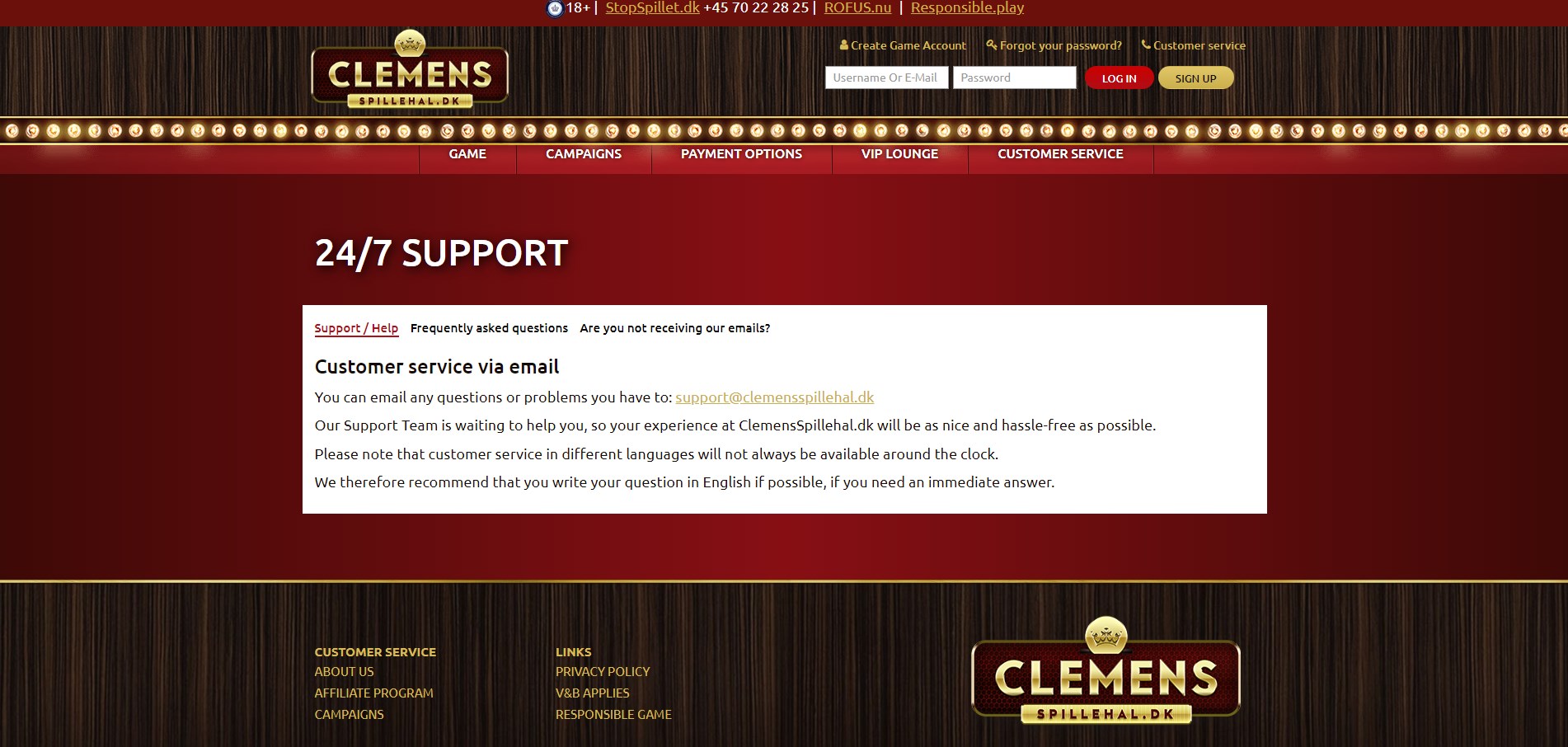 Clemens Spillehal DK Casino Support