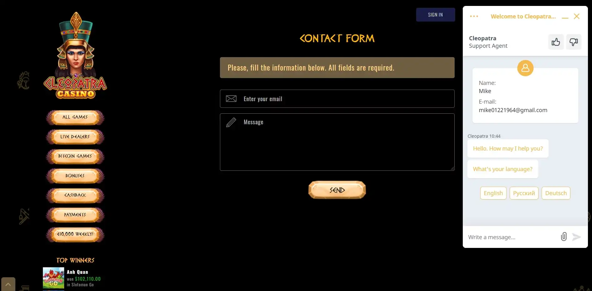 Cleopatra Casino Support