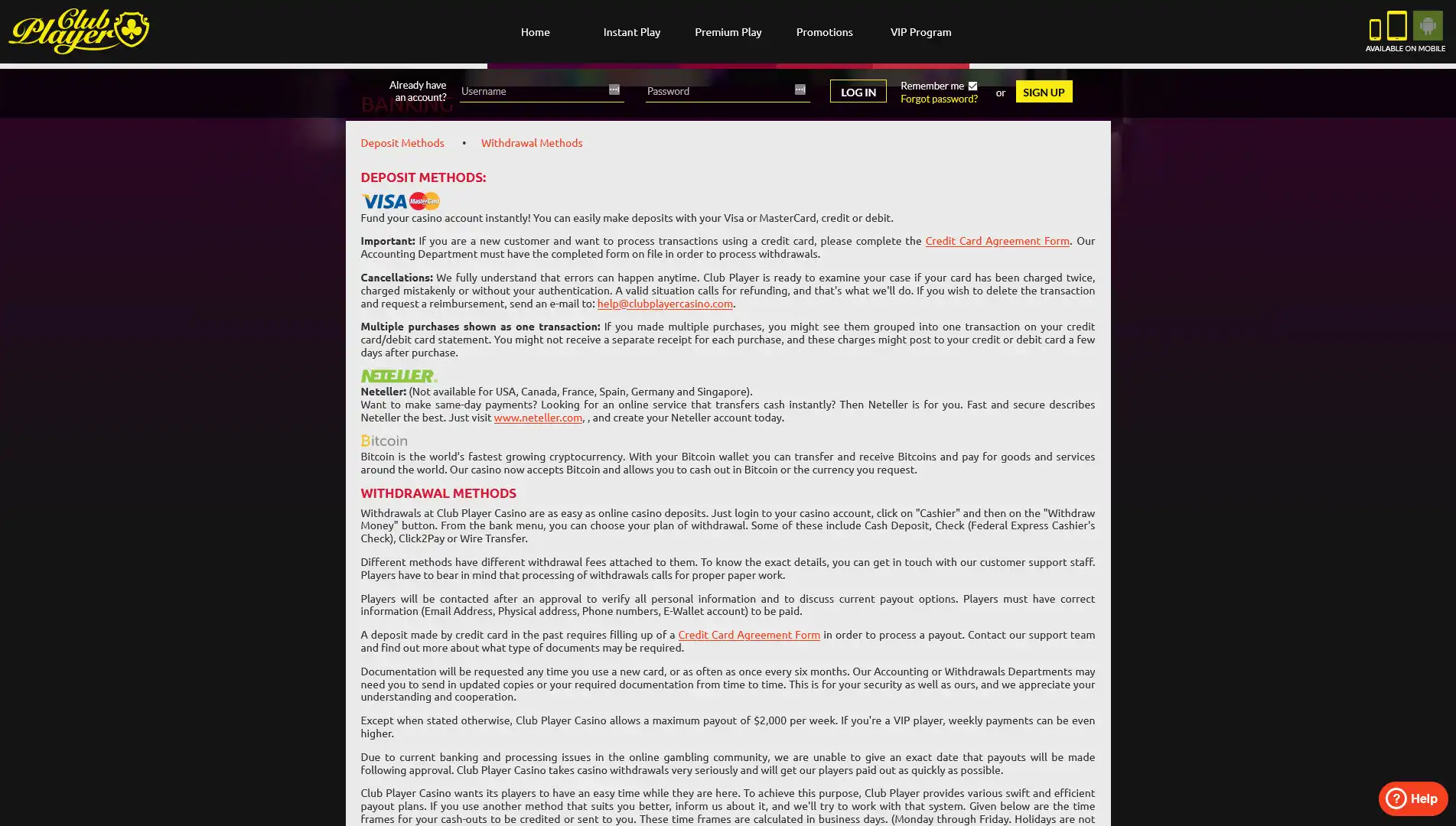 Club Player Casino Payment Methods