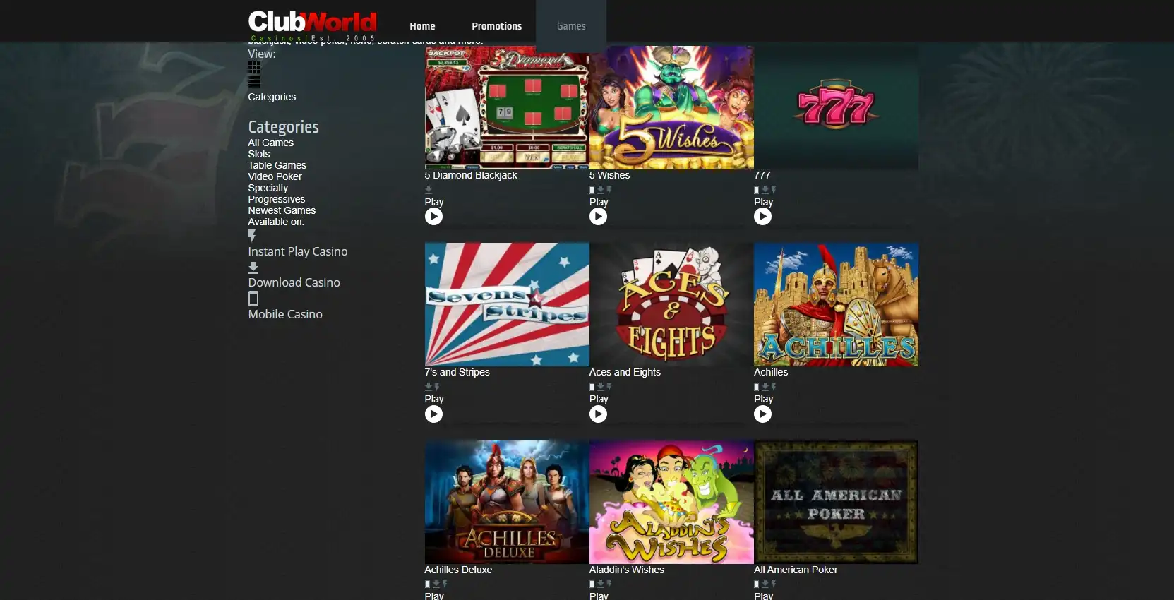 Club World Casinos Games
