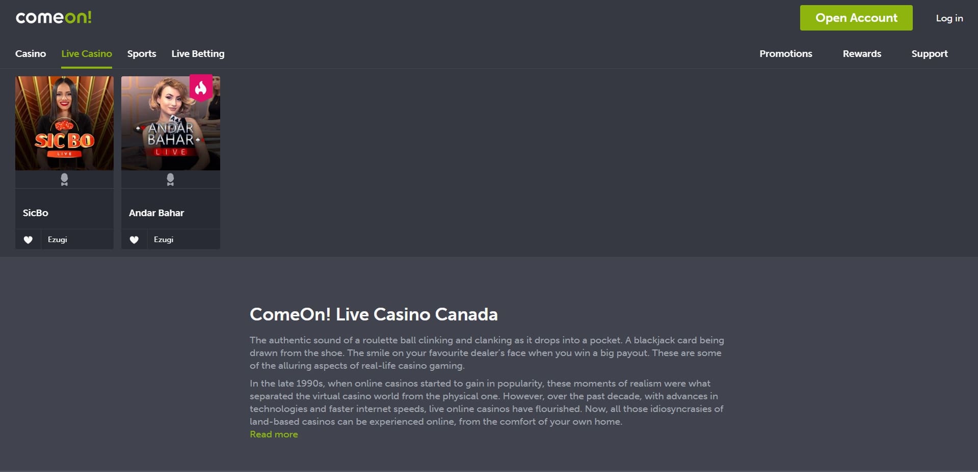 ComeOn Casino Live Dealer Games
