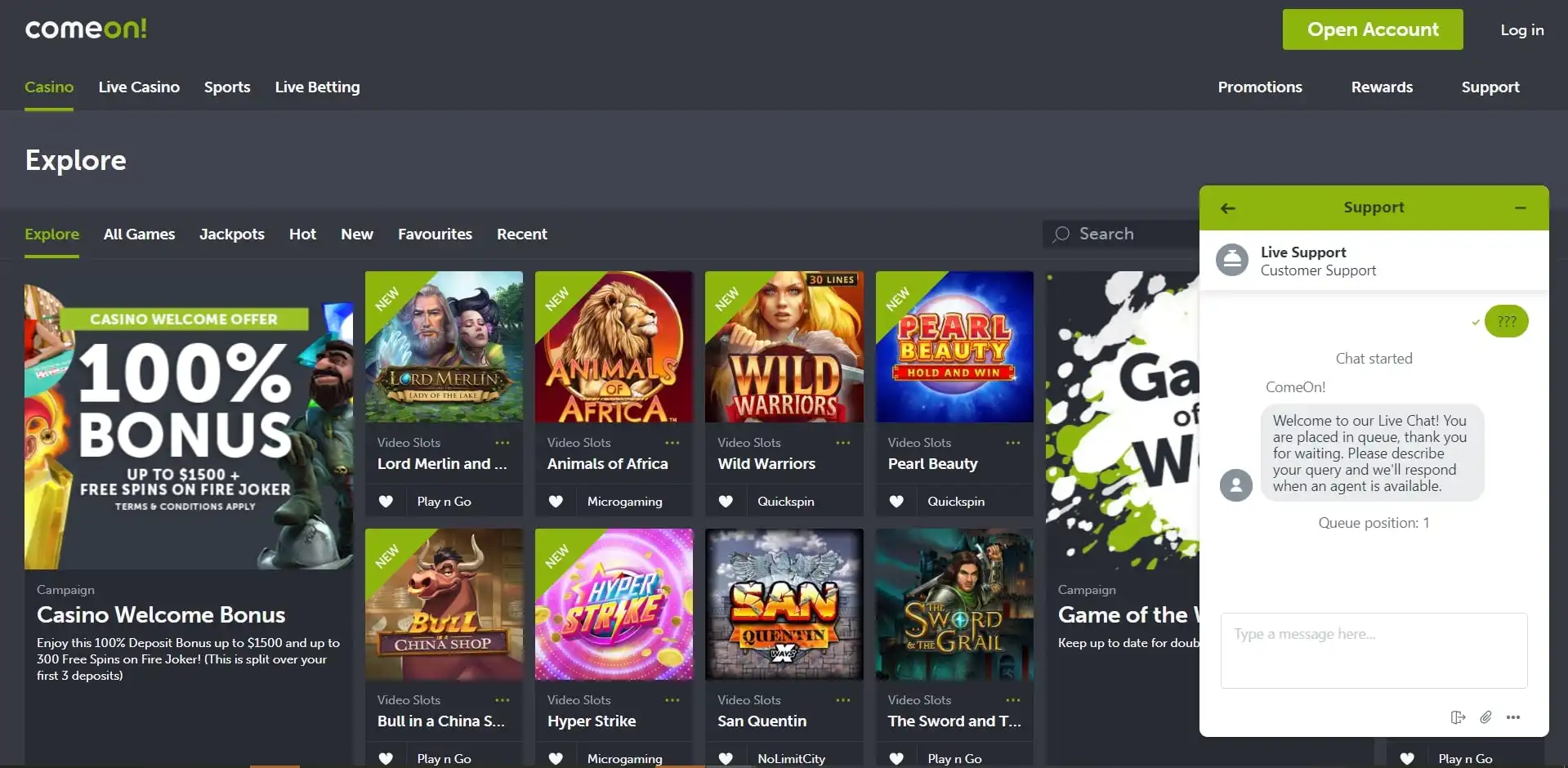 ComeOn Casino Support
