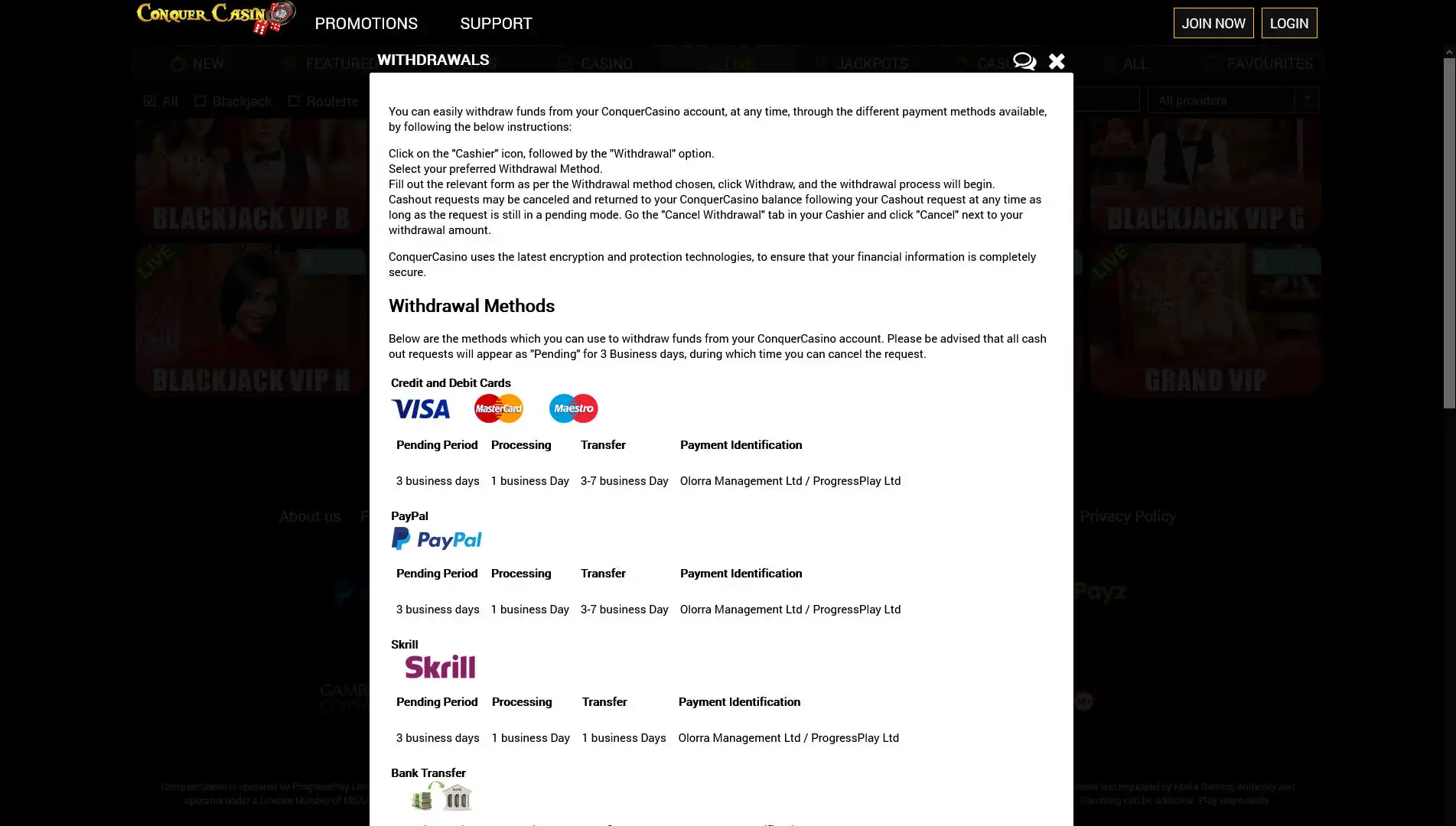 Conquer Casino Payment Methods