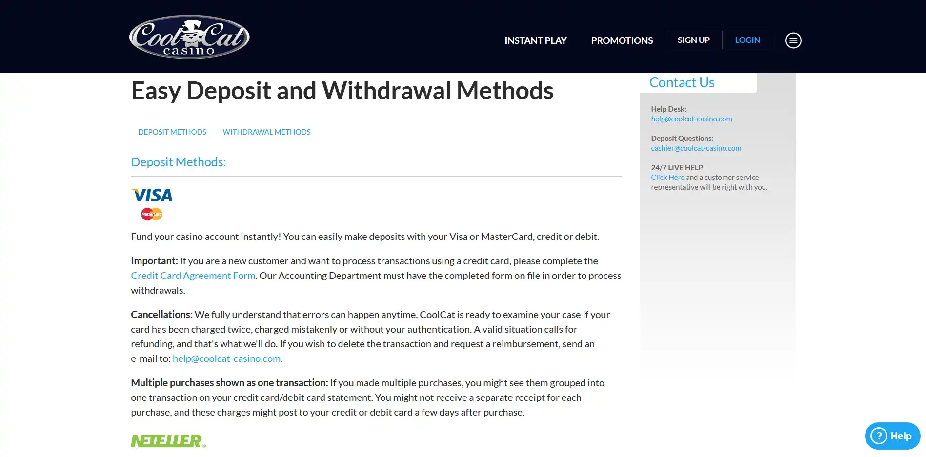 Cool Cat Casino Payment Methods