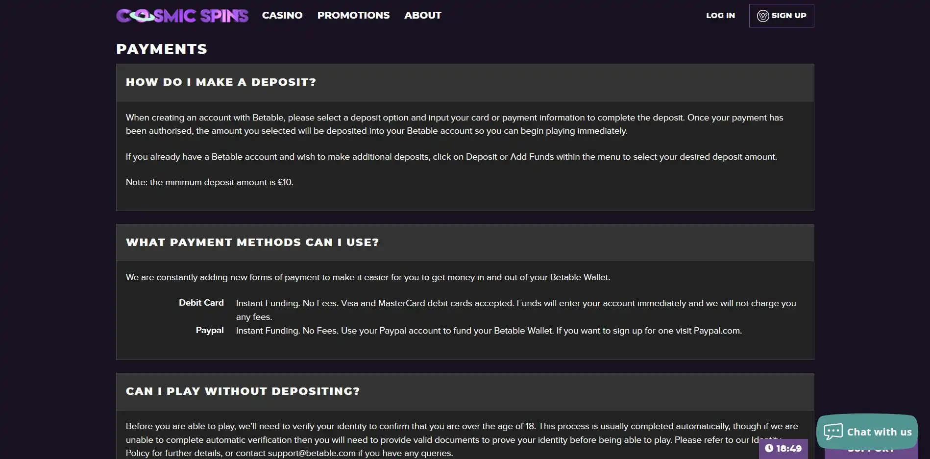 Cosmic Spins Casino Payment Methods