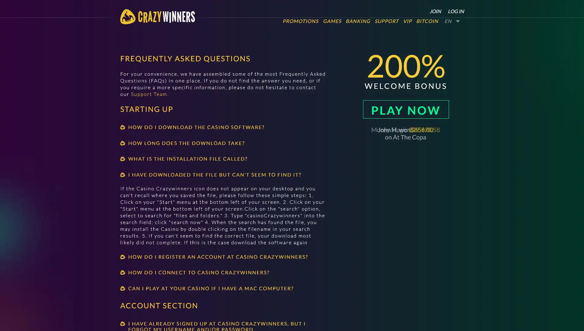 CrazyWinners Casino Support
