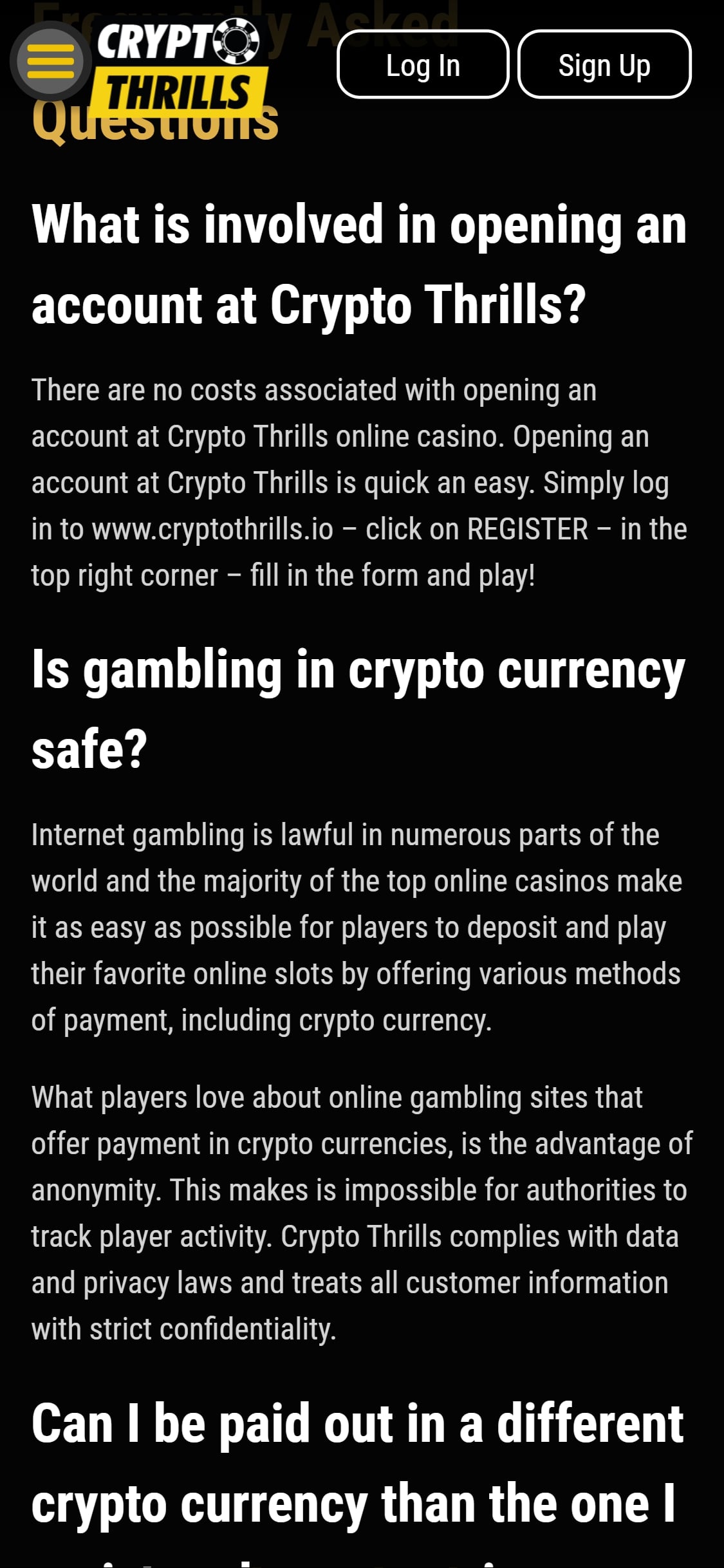 Crypto Thrills Casino Mobile Payment Methods Review