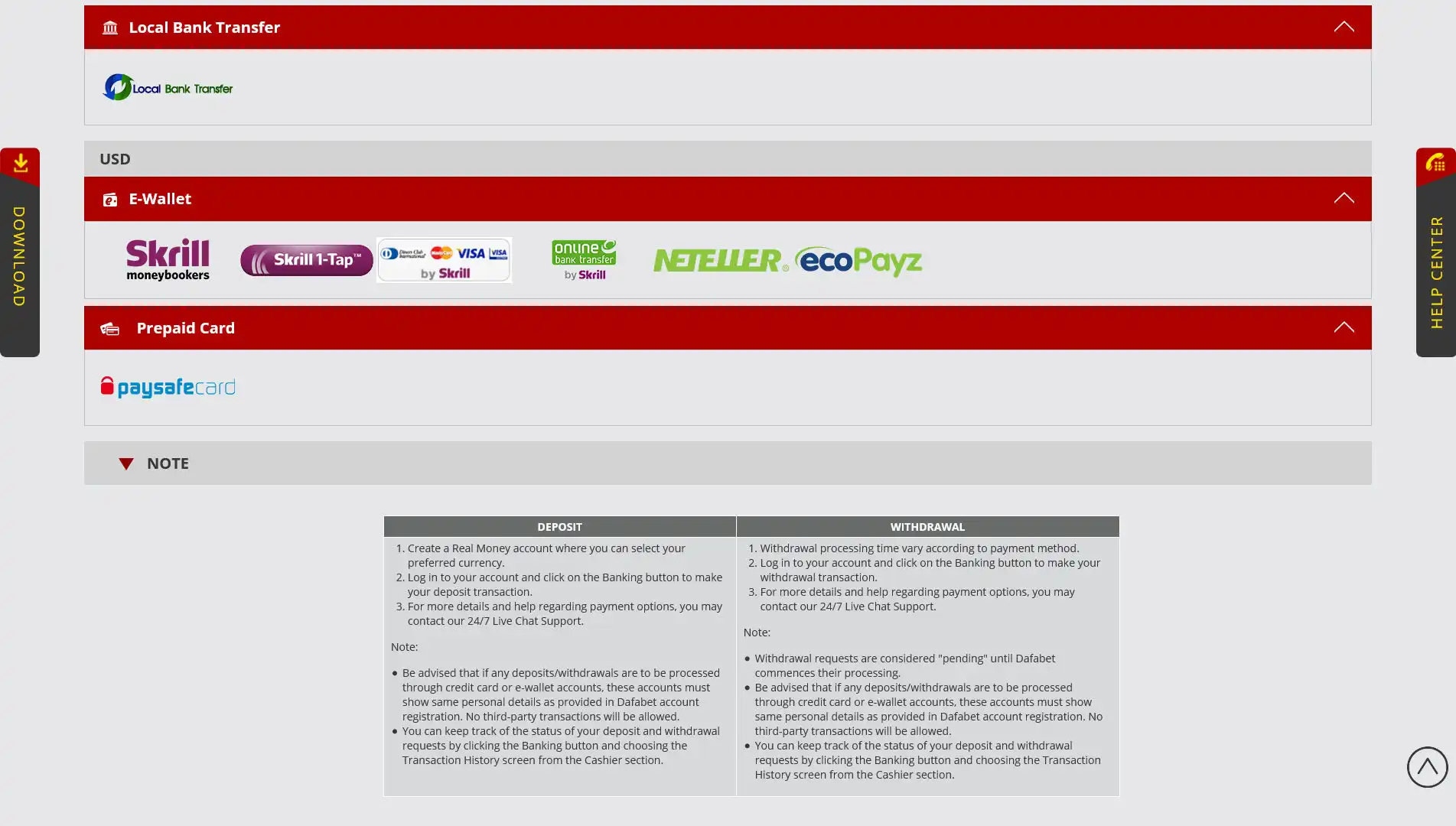 Dafabet Casino Payment Methods