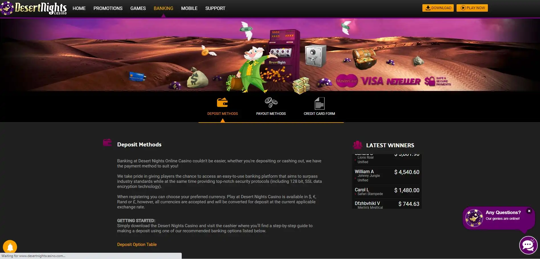 Desert Nights Casino Payment Methods
