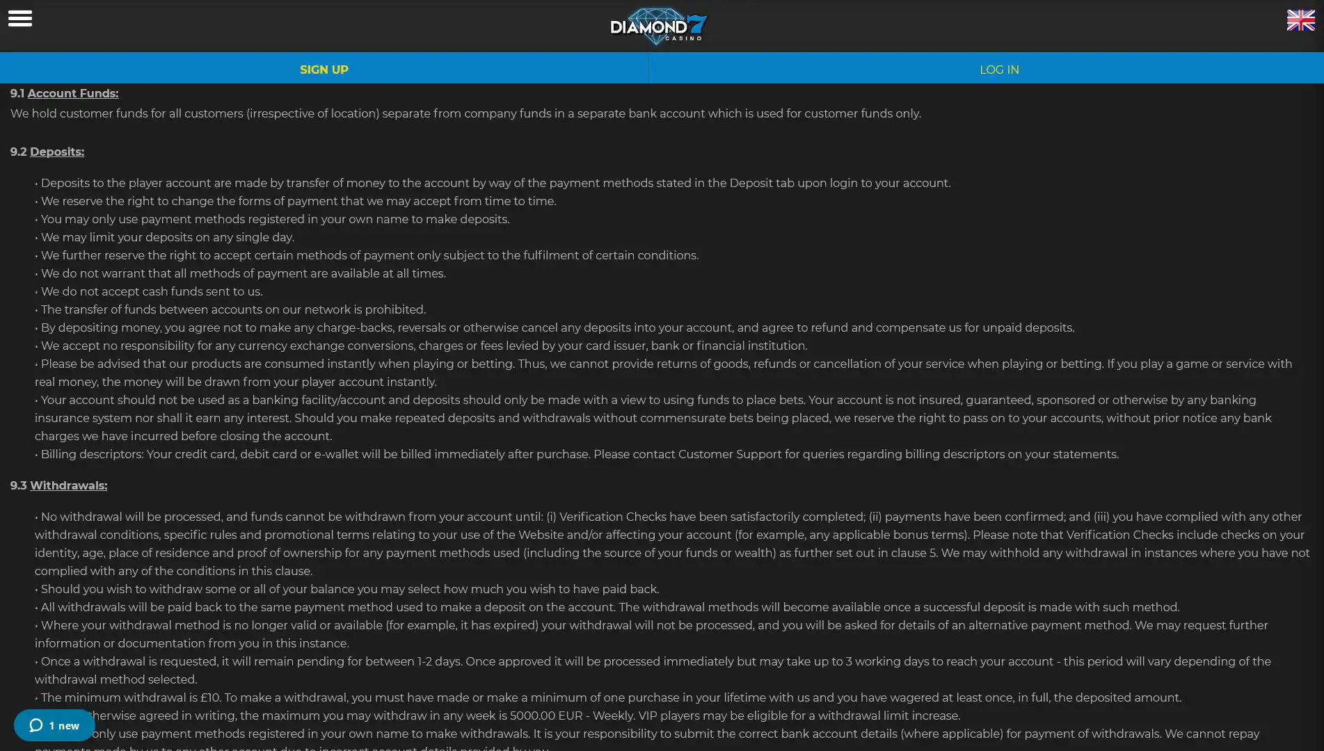 Diamond 7 Casino Payment Methods