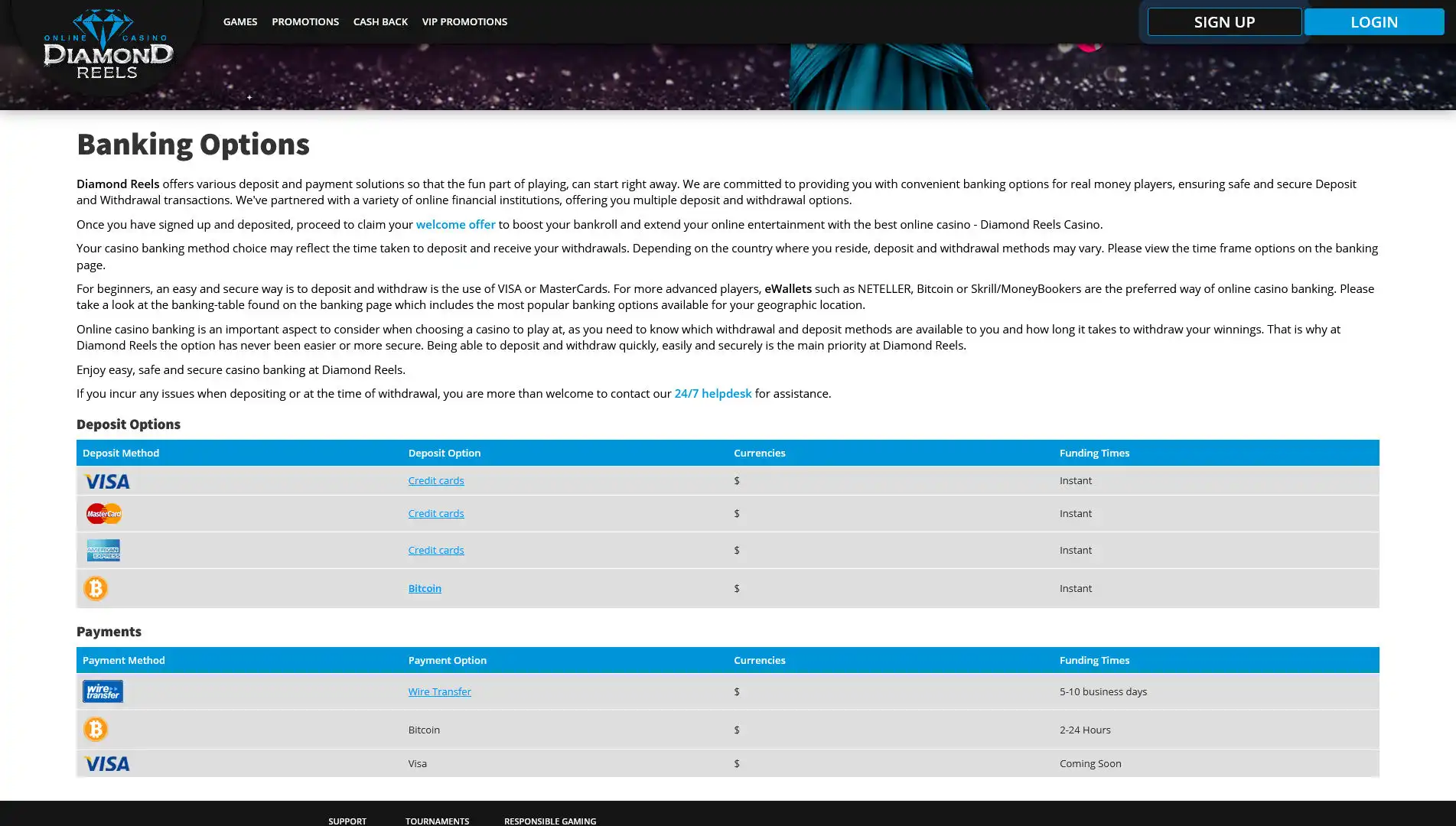Diamond Reels Casino Payment Methods
