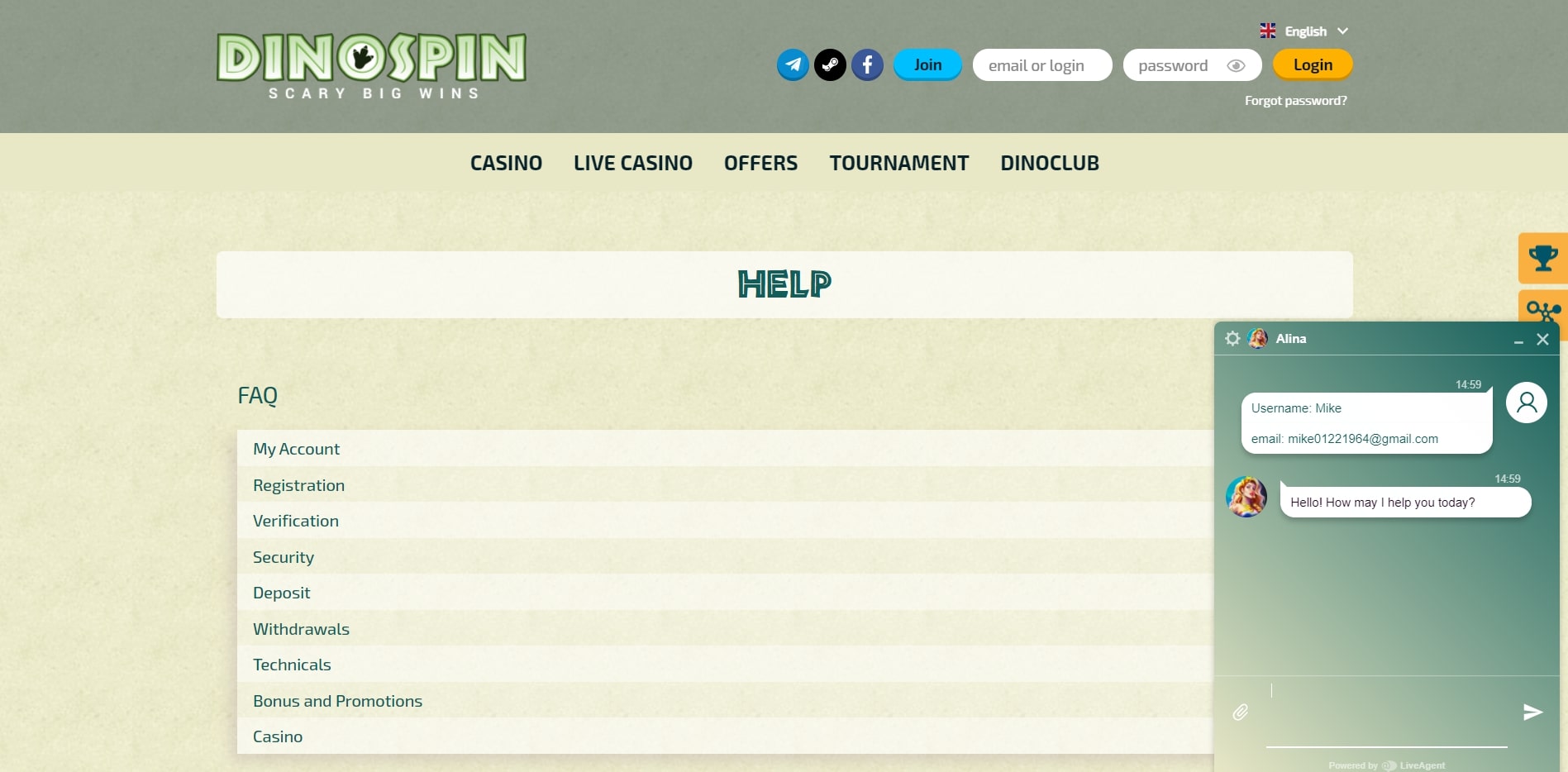 DinoSpin Casino Support