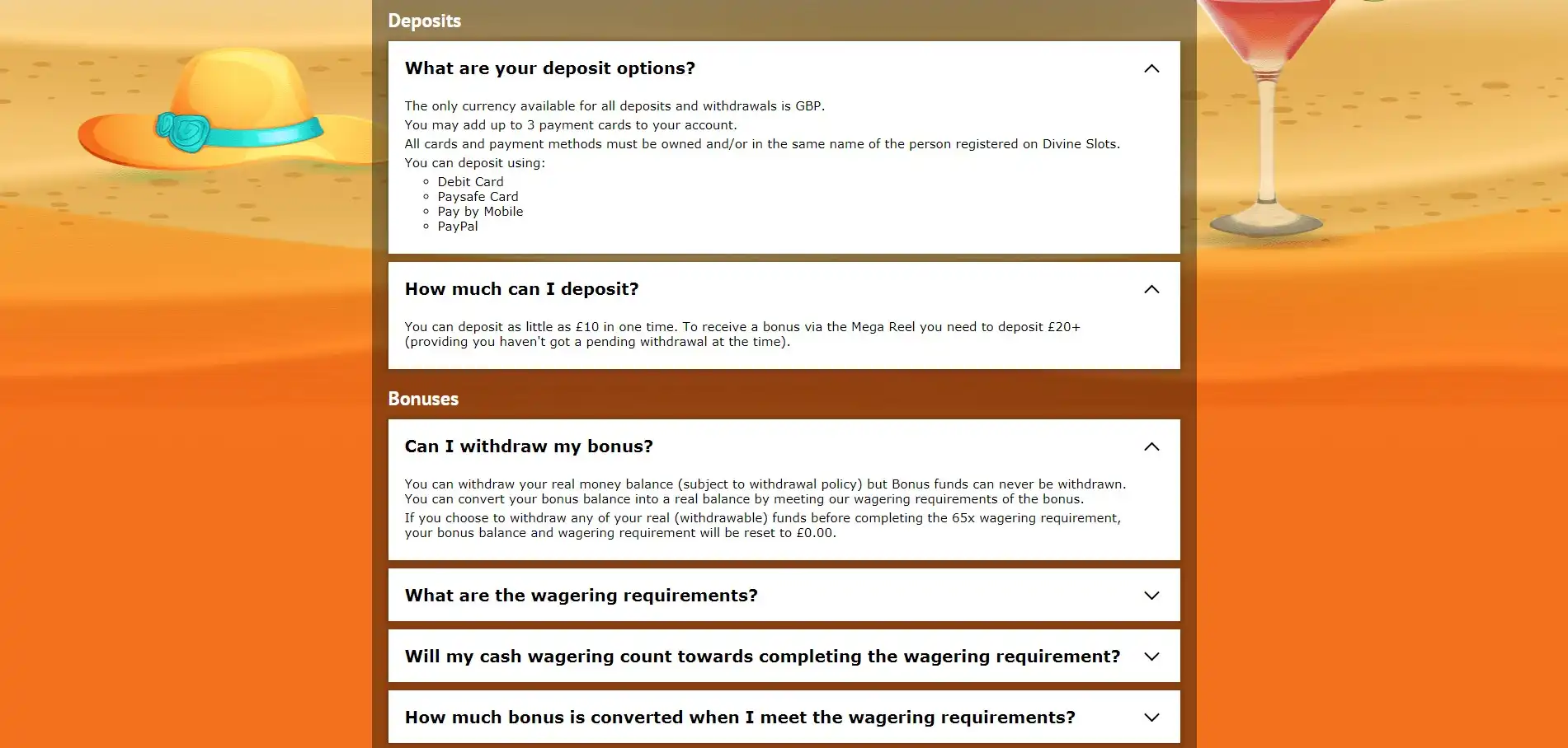 Divine Slots Casino Payment Methods
