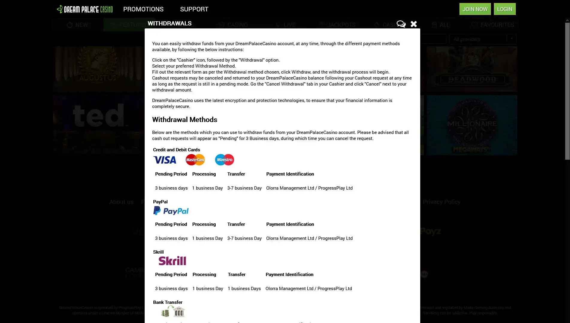 Dream Palace Casino Payment Methods