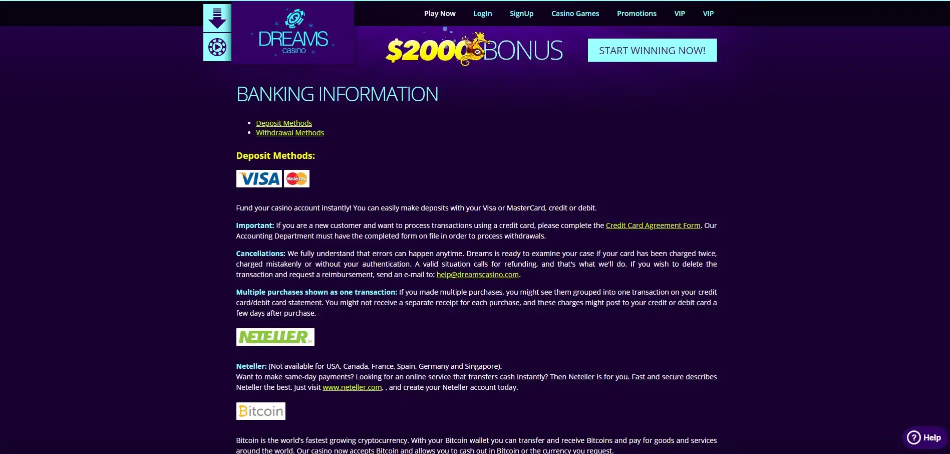 Dreams Casino Payment Methods