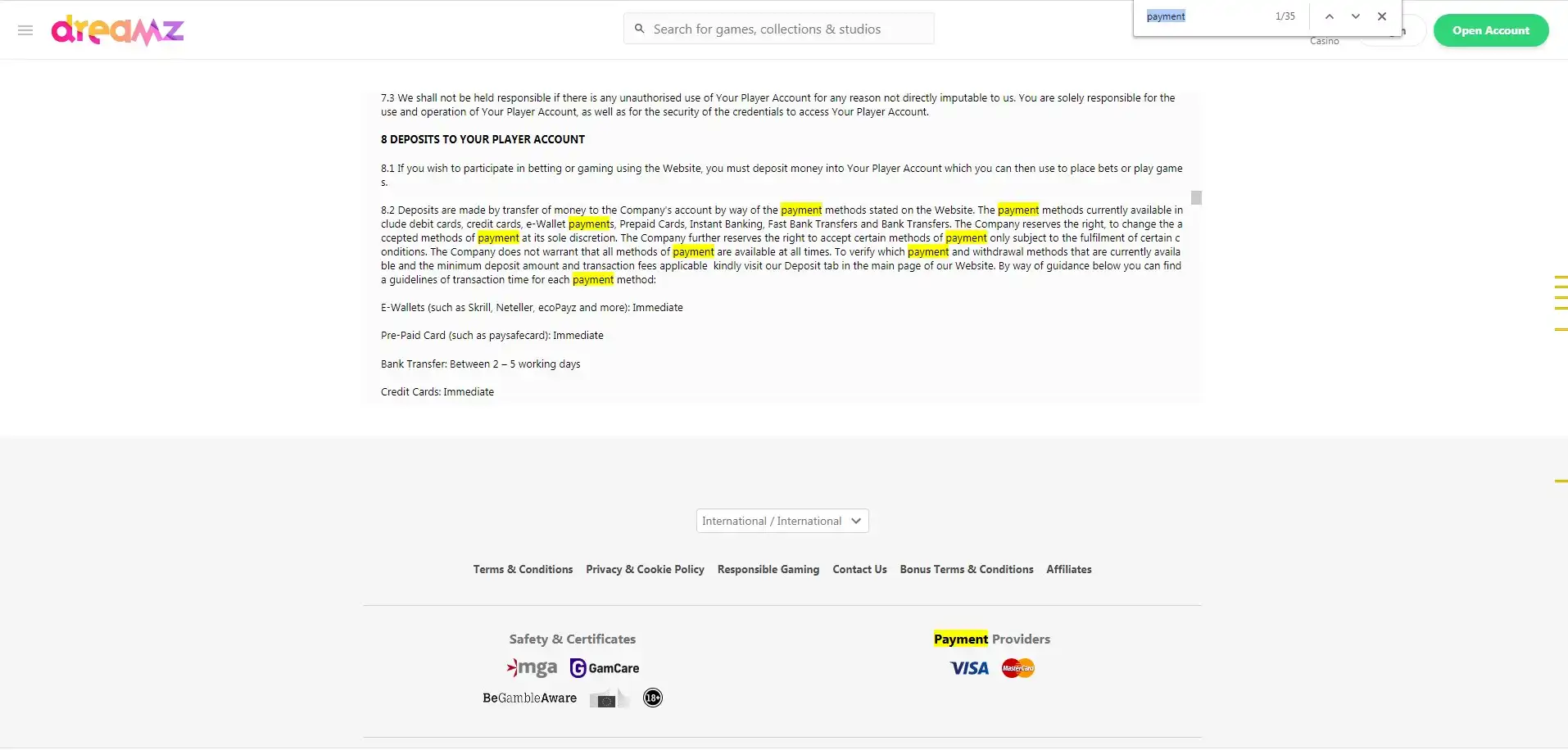 Dreamz Casino Payment Methods