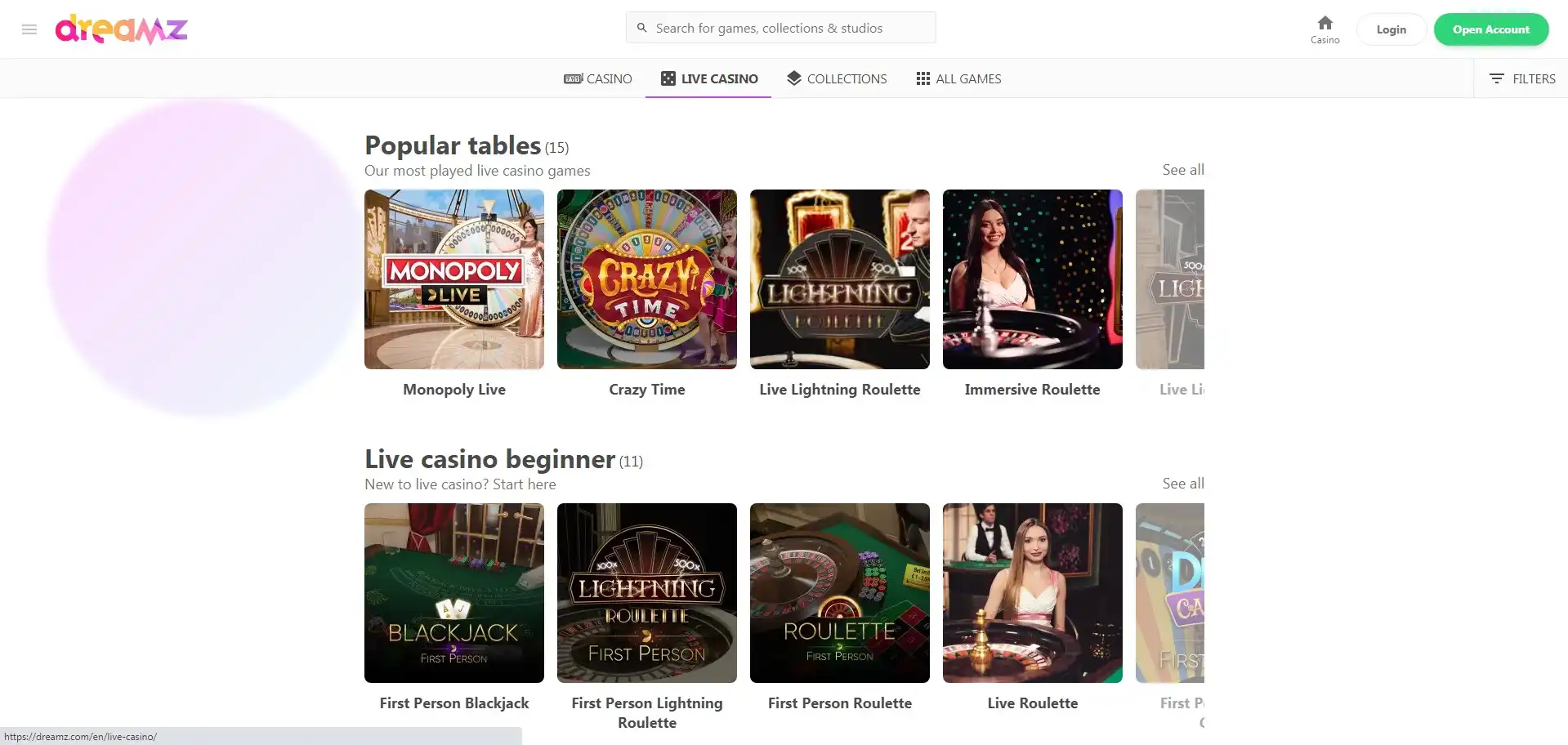 Dreamz Casino Live Dealer Games