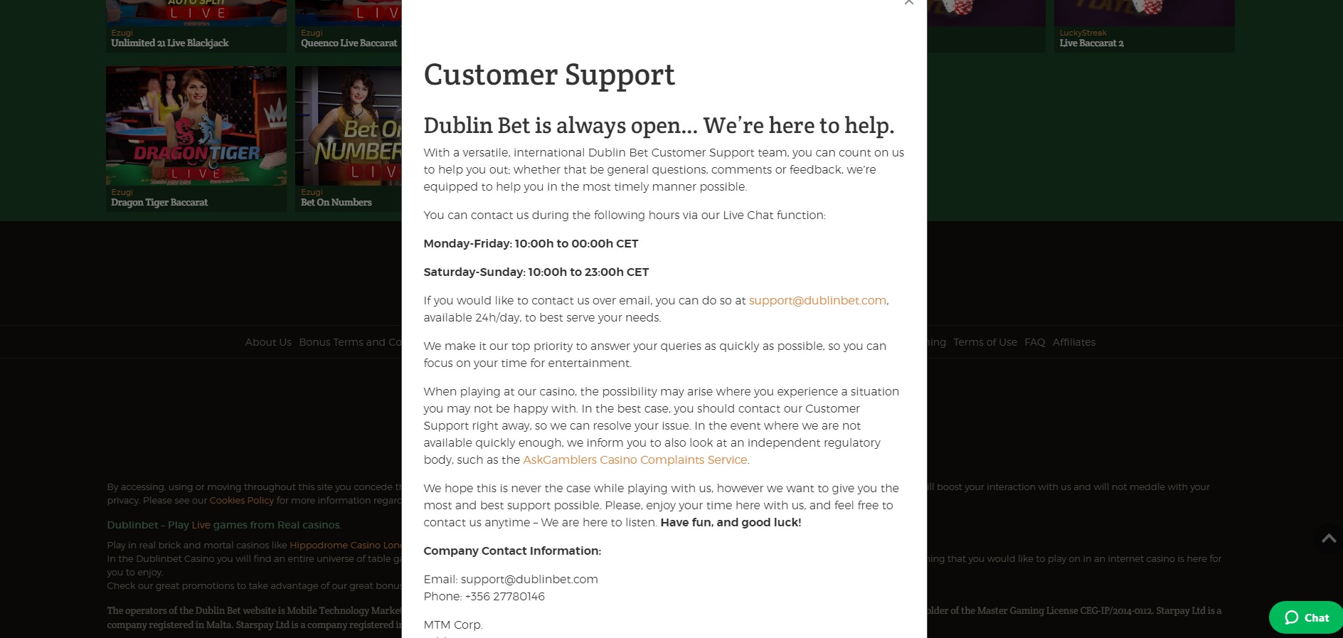 Dublinbet Casino Support