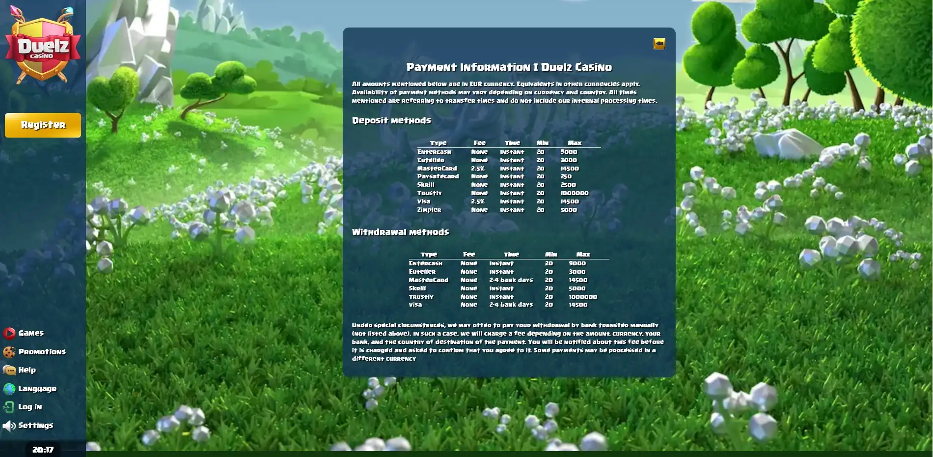 Duelz Casino Payment Methods