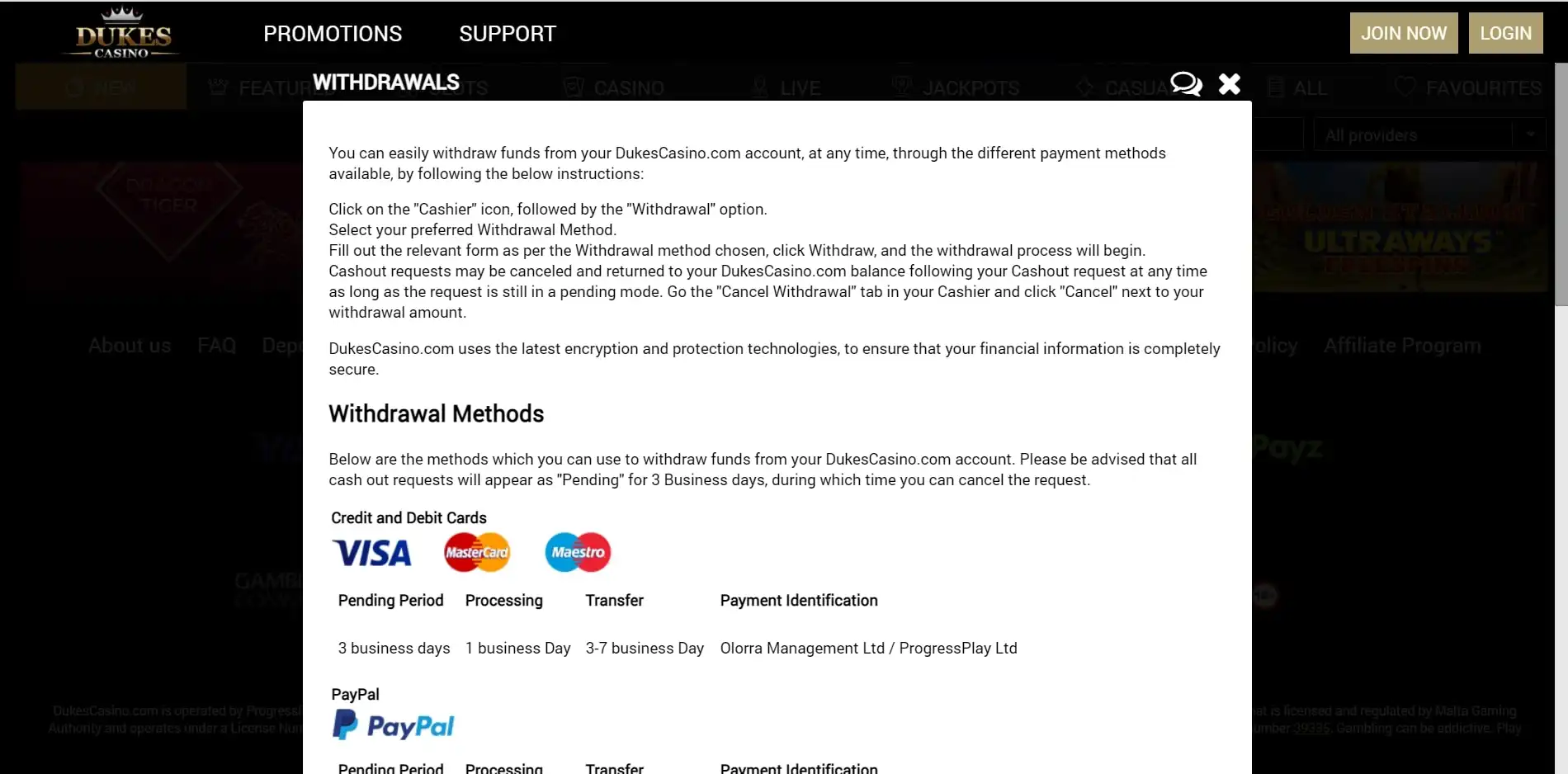 Dukes Casino Payment Methods