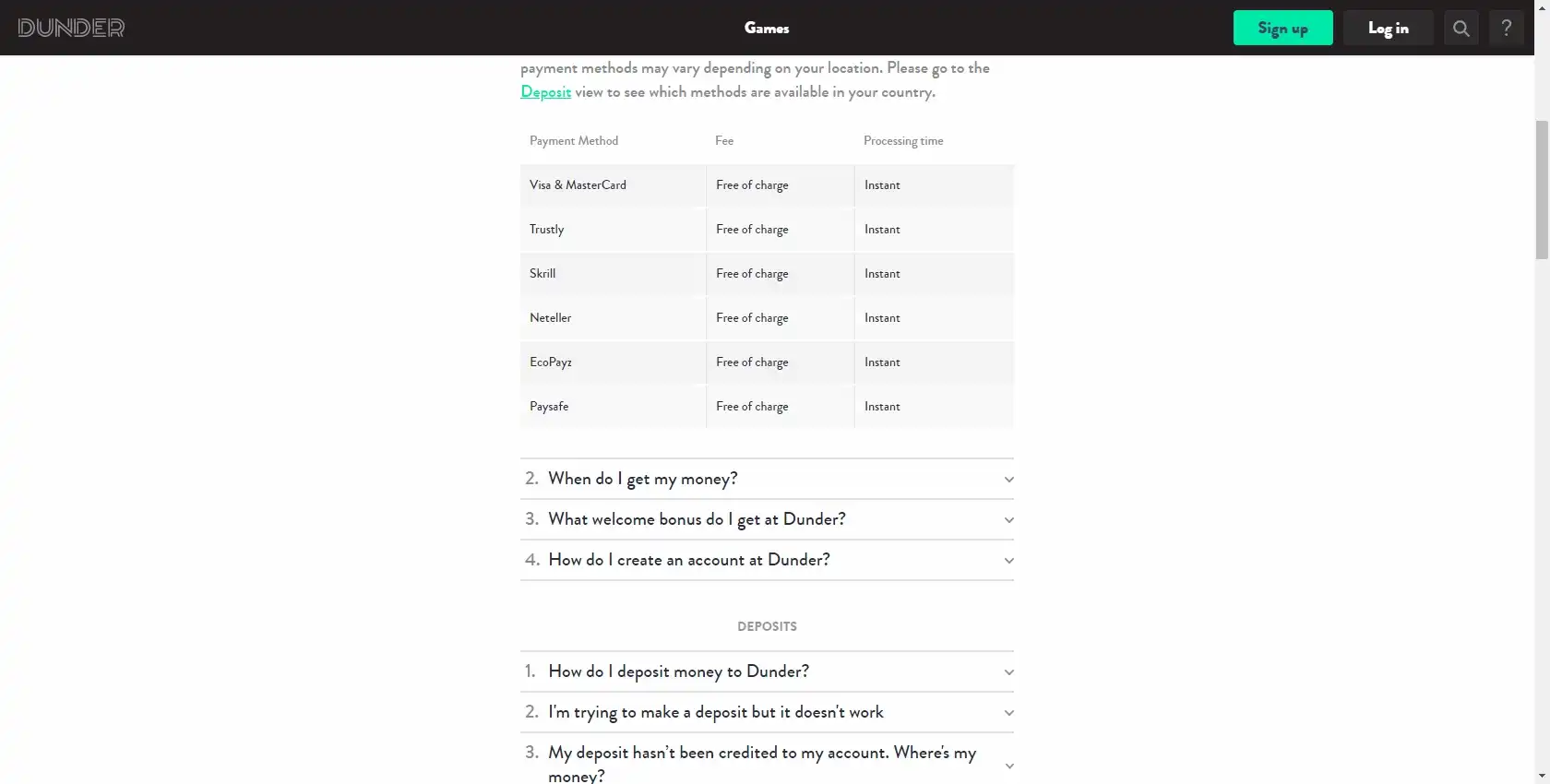 Dunder Casino Payment Methods