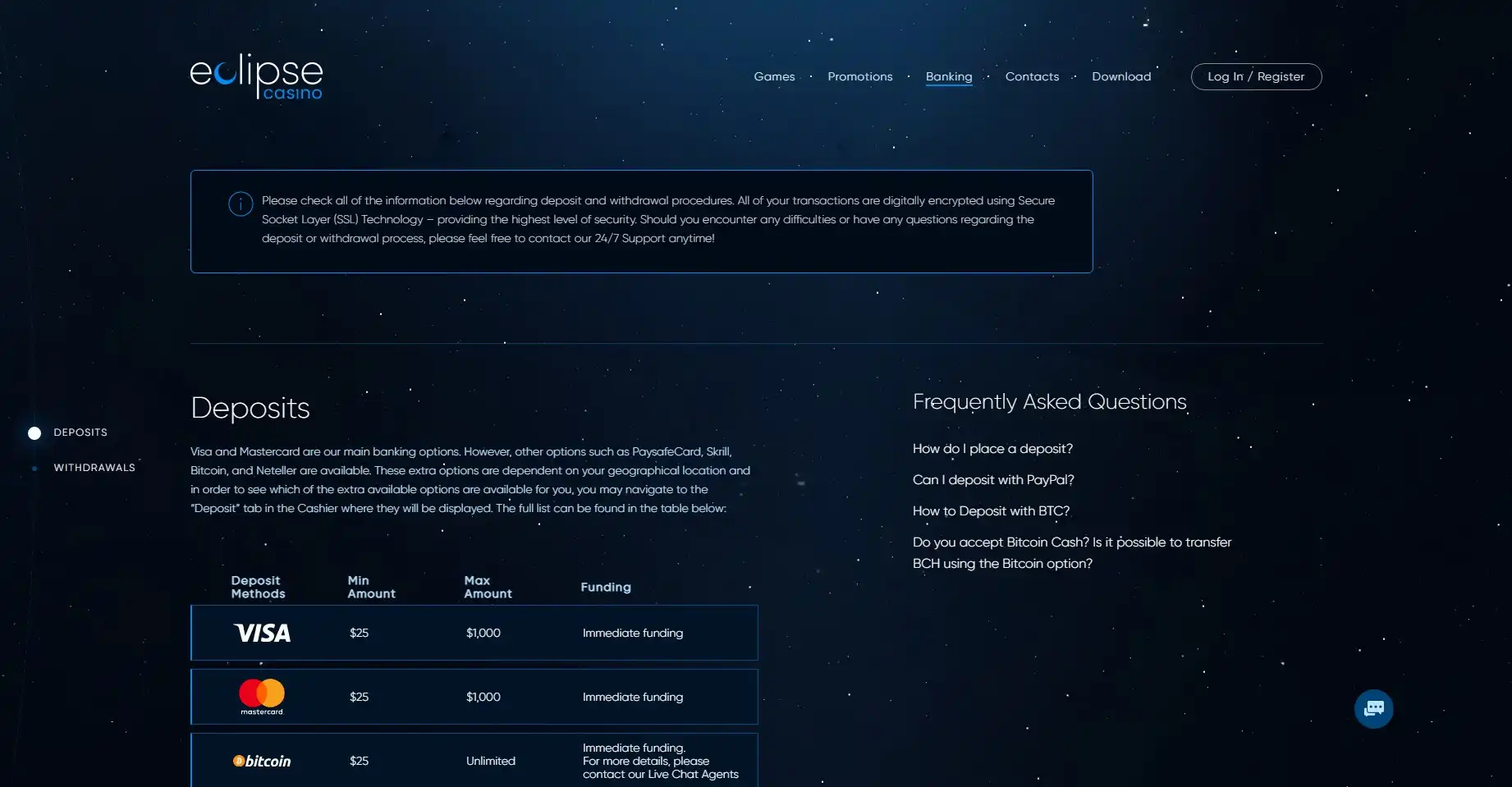 Eclipse Casino Payment Methods