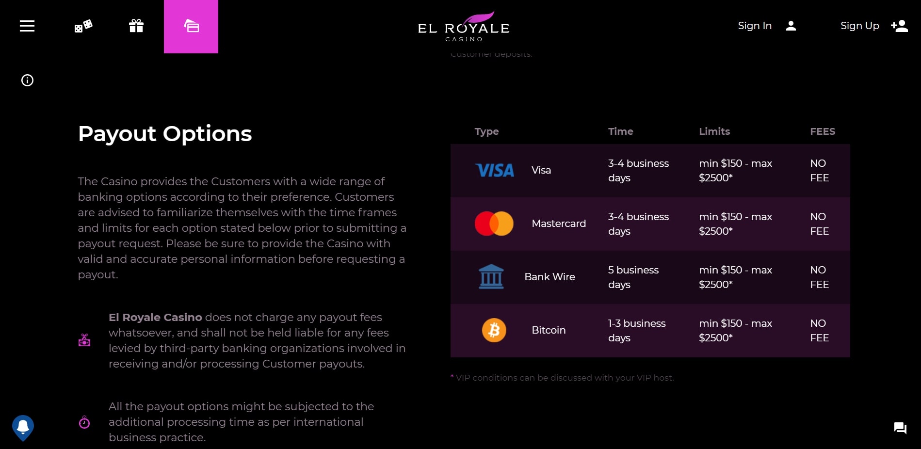 El Royale Casino Payment Methods