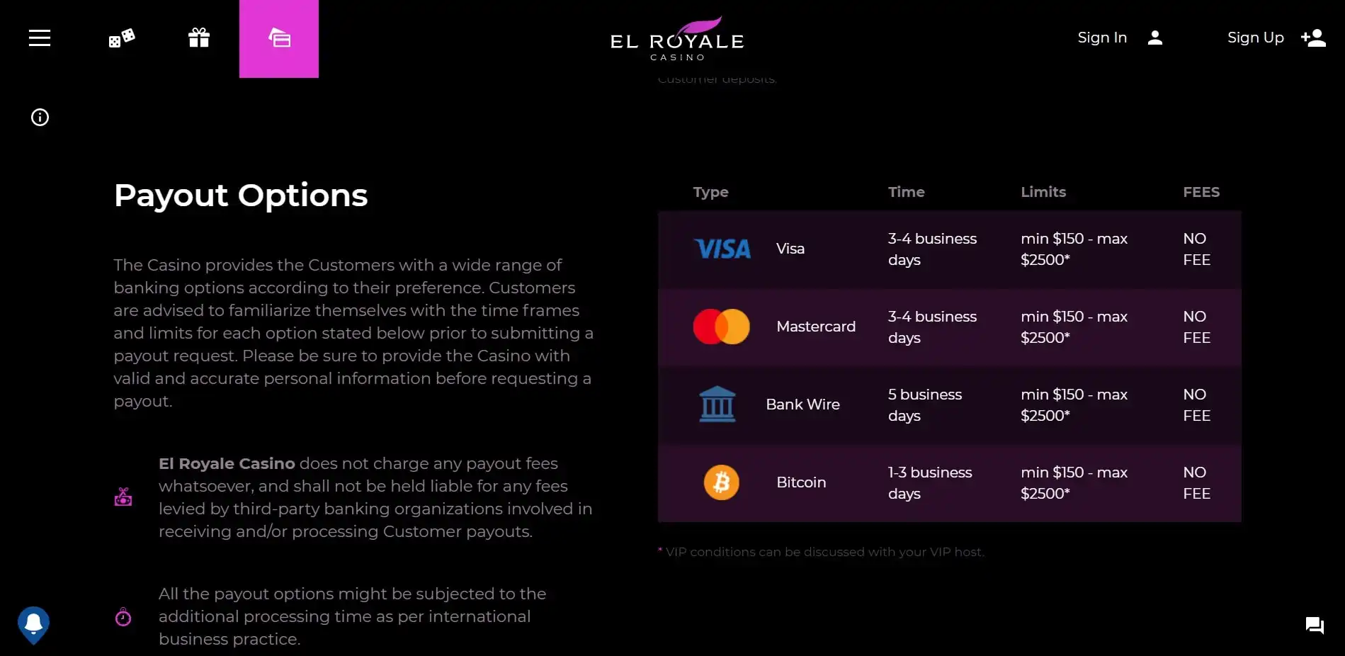 El Royale Casino Payment Methods