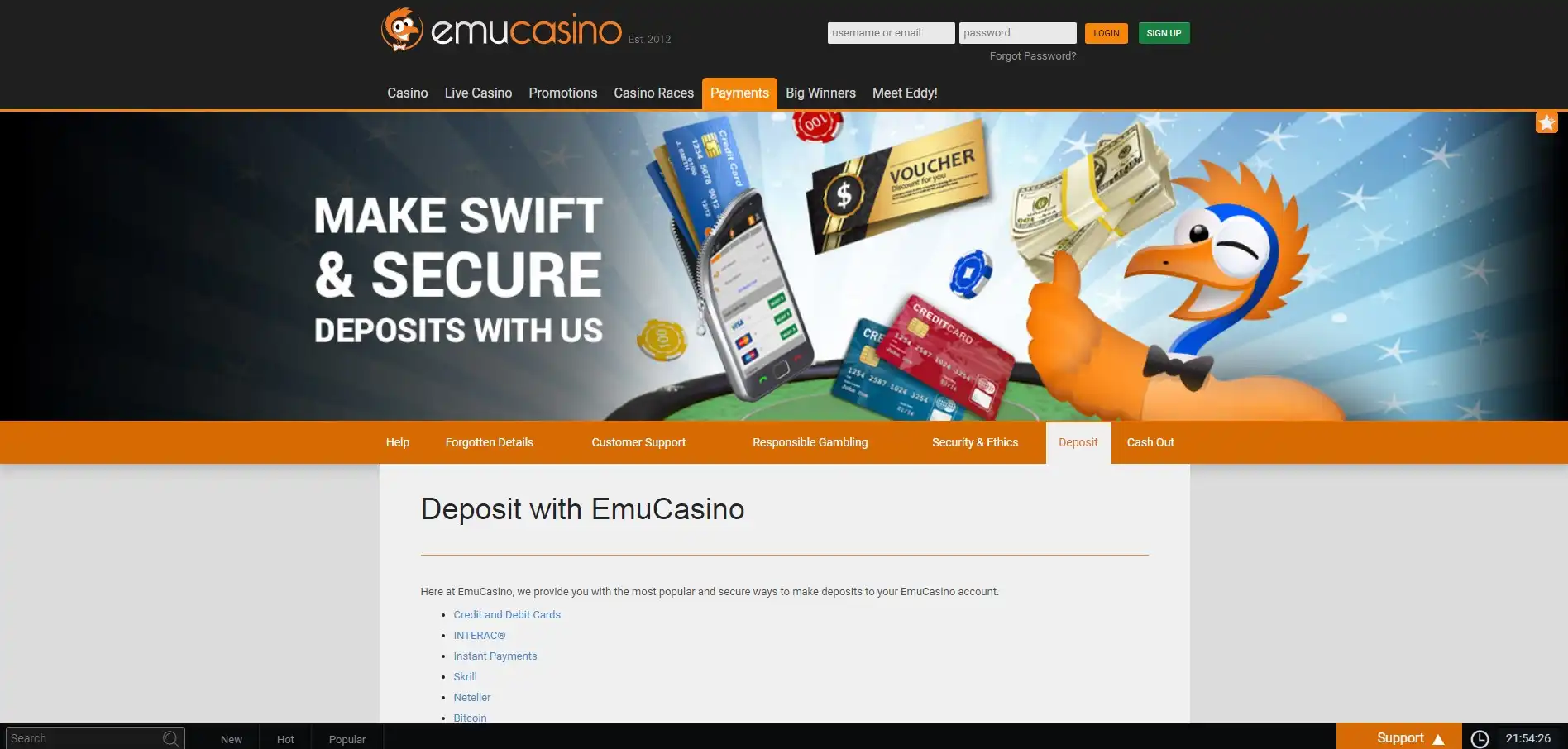 Emu Casino Payment Methods
