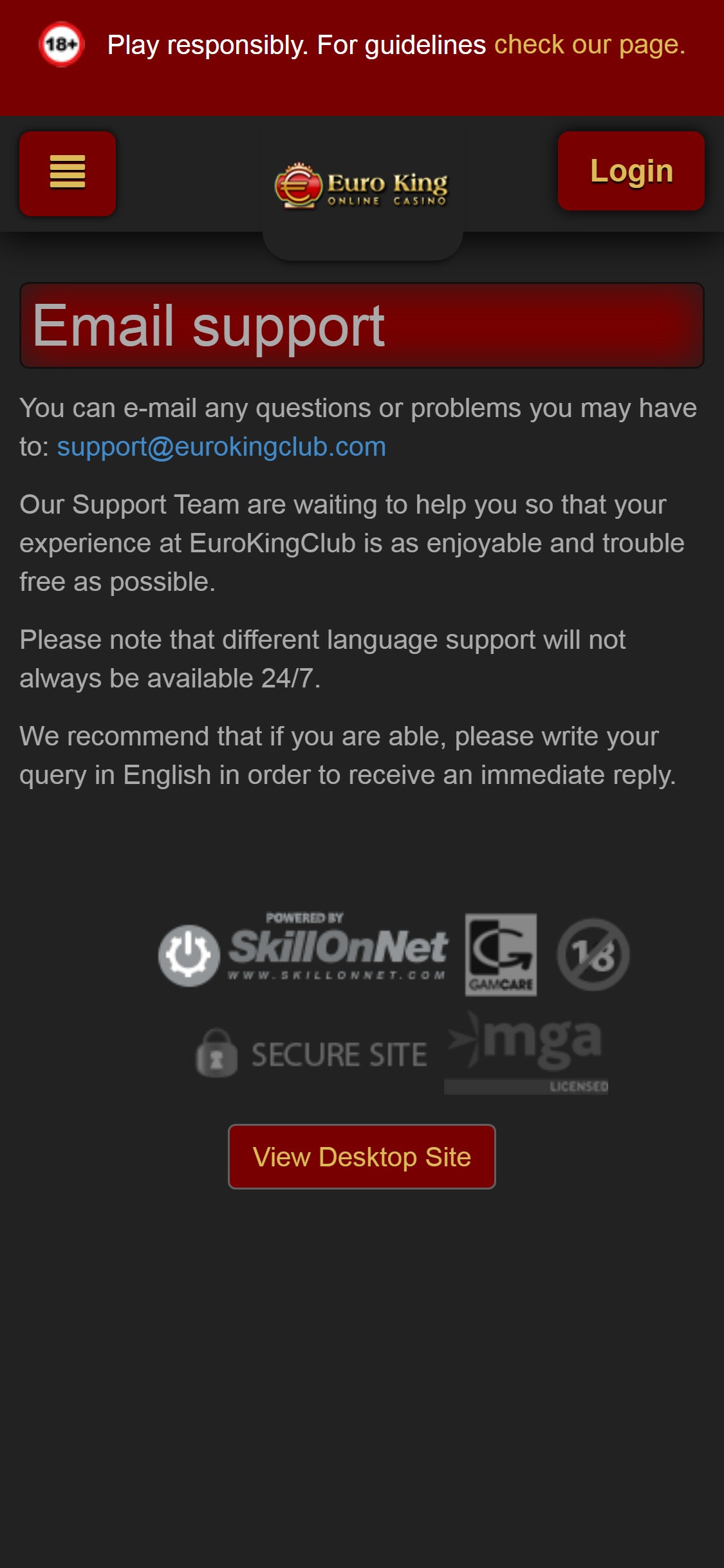 Euro King Casino Mobile Support Review