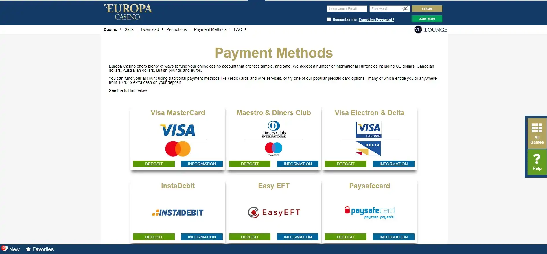 Europa Casino Payment Methods