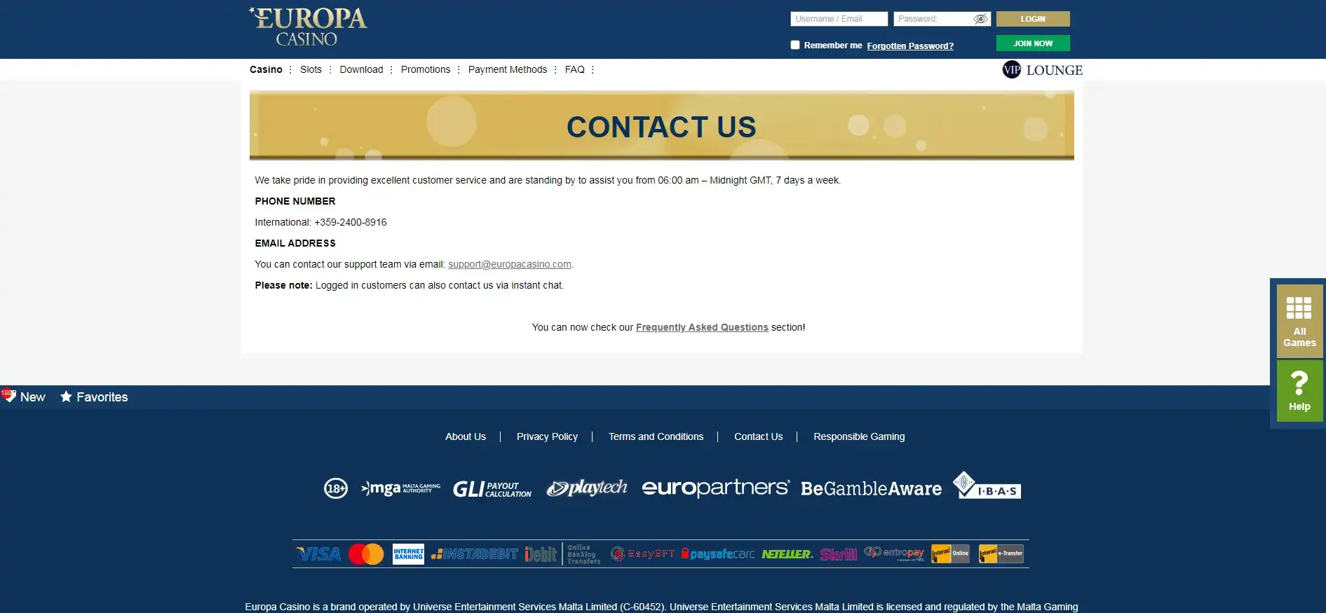 Europa Casino Support