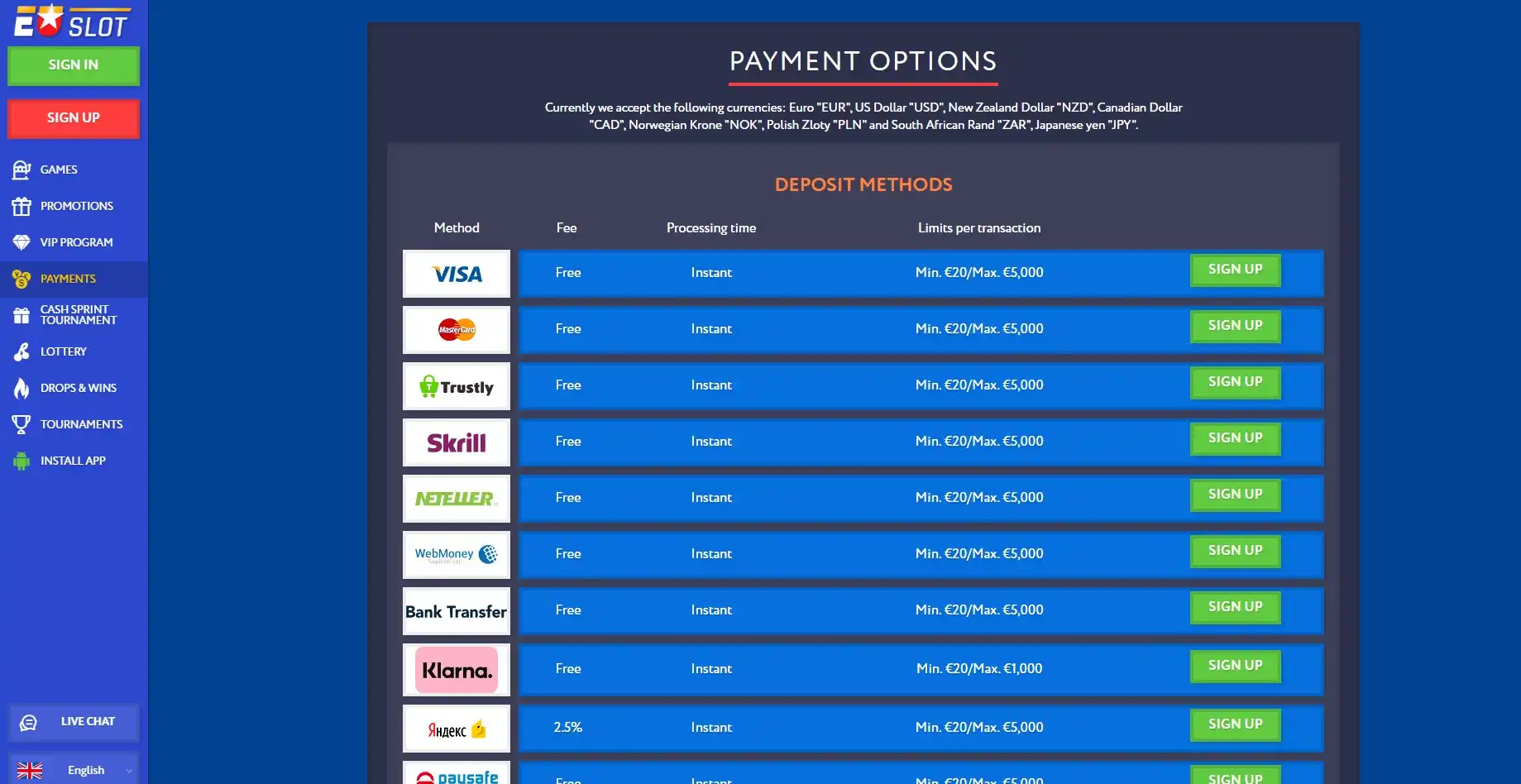 Euslot Casino Payment Methods