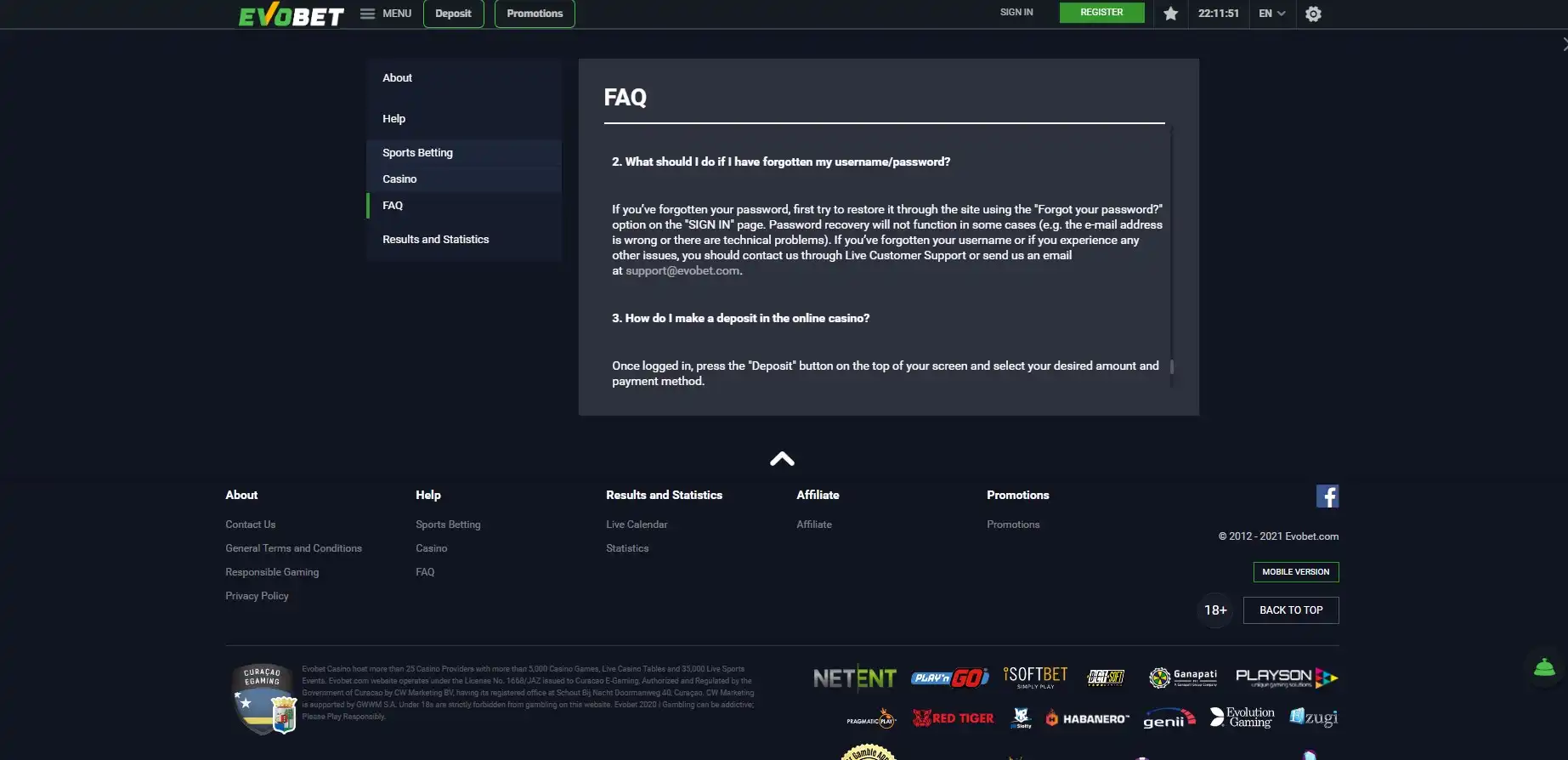 Evobet Casino Support