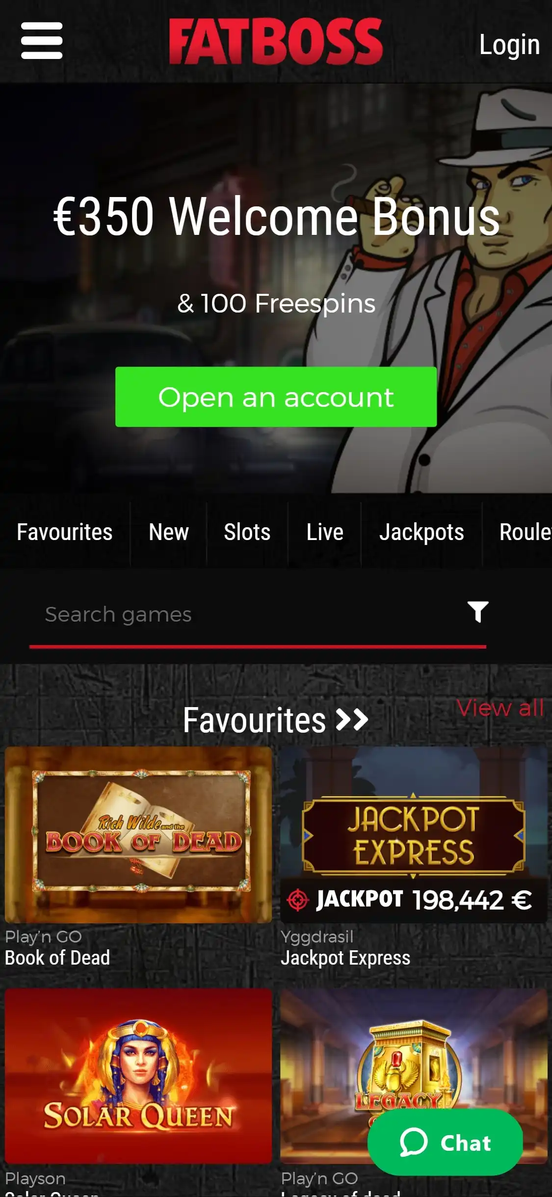 Page d'accueil mobile de Fatboss Casino